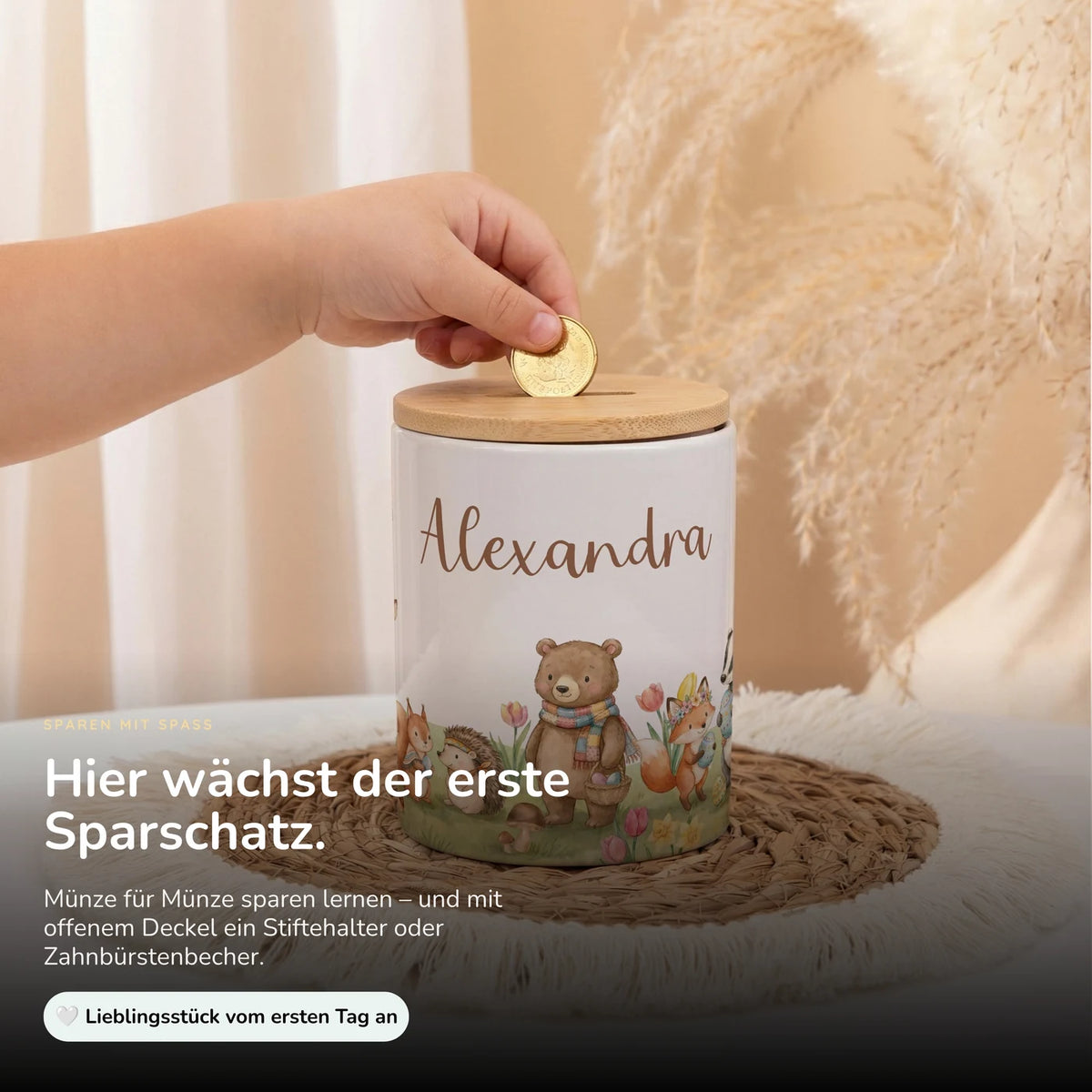 Personalisierte Spardose Herbst-Waldtiere – Keramik & Bambus mit Wunschname