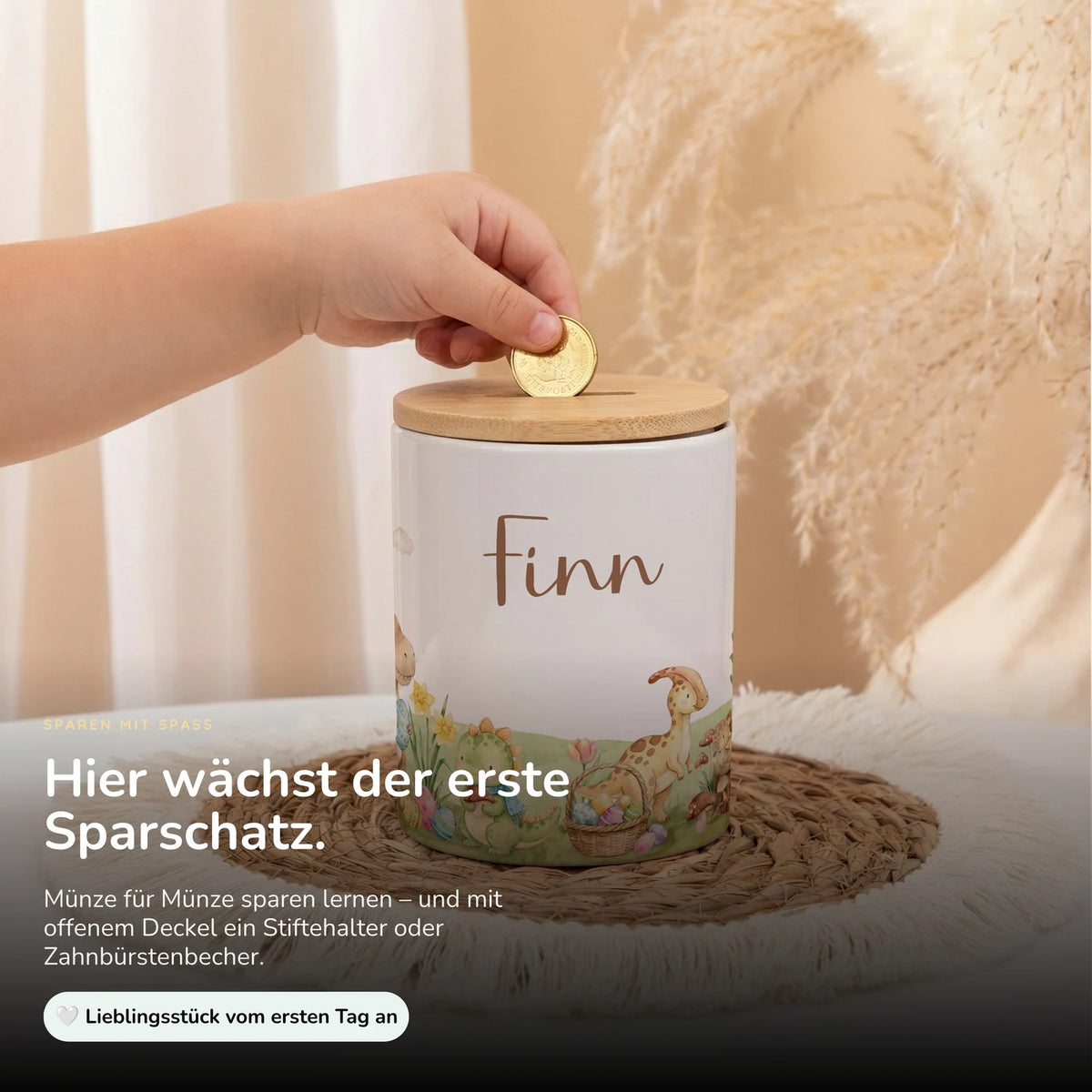 Personalisierte Spardose Dinos Ostern – Keramik & Bambus mit Wunschname