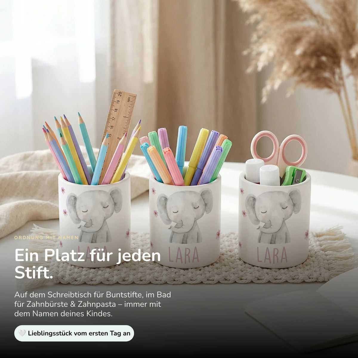 Personalisierter Stiftehalter Elefant Blumen â Keramik mit Wunschname