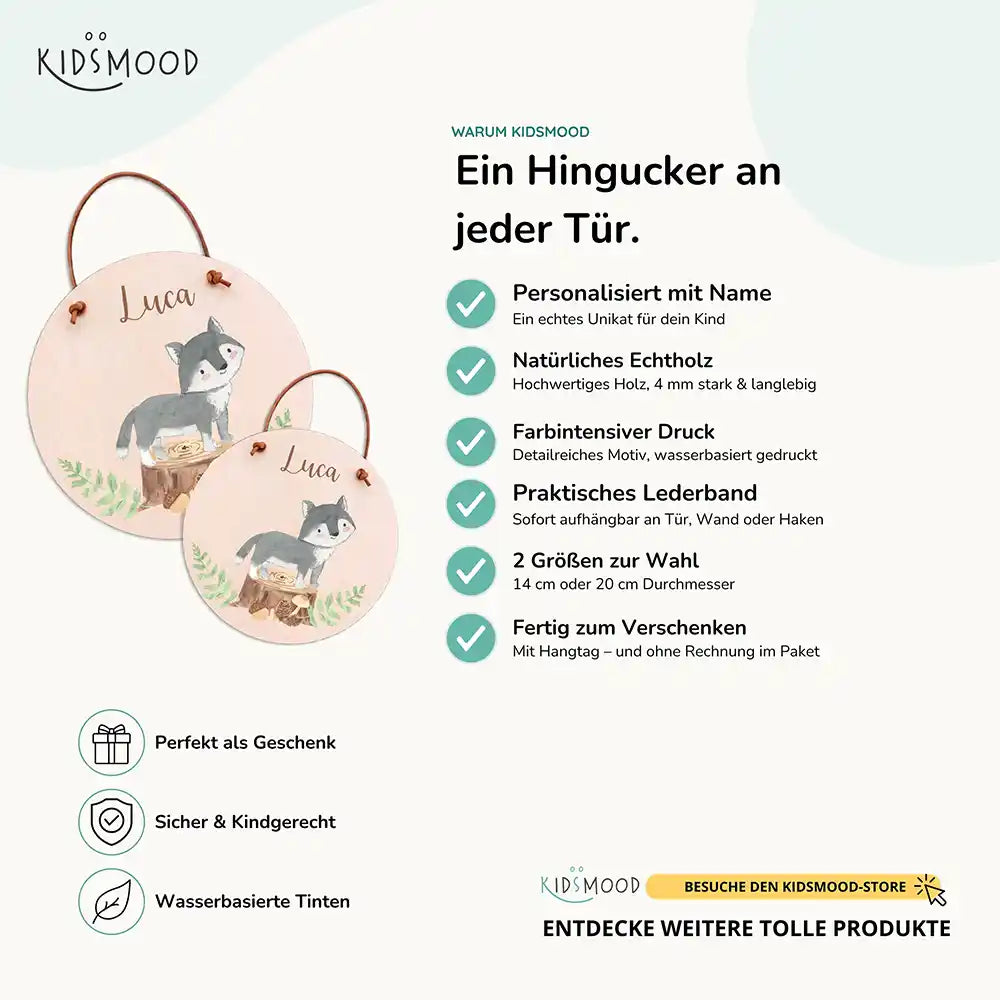 Türschild Kinderzimmer Wolf im Wald, aus Echtholz mit Lederband, in zwei Größen
