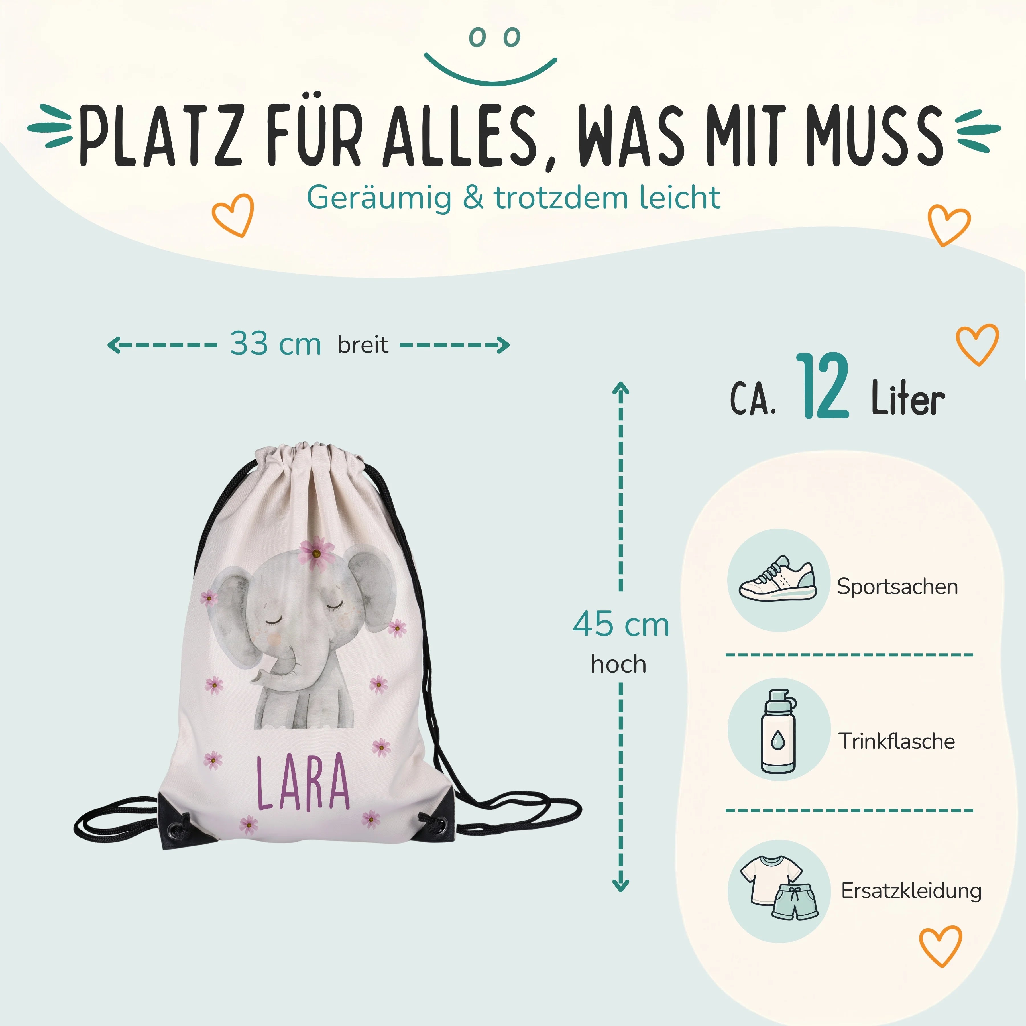 Personalisierter Turnbeutel Elefant mit Blüten, Größe 33 x 45 cm mit ca. 12 Liter Fassungsvermögen