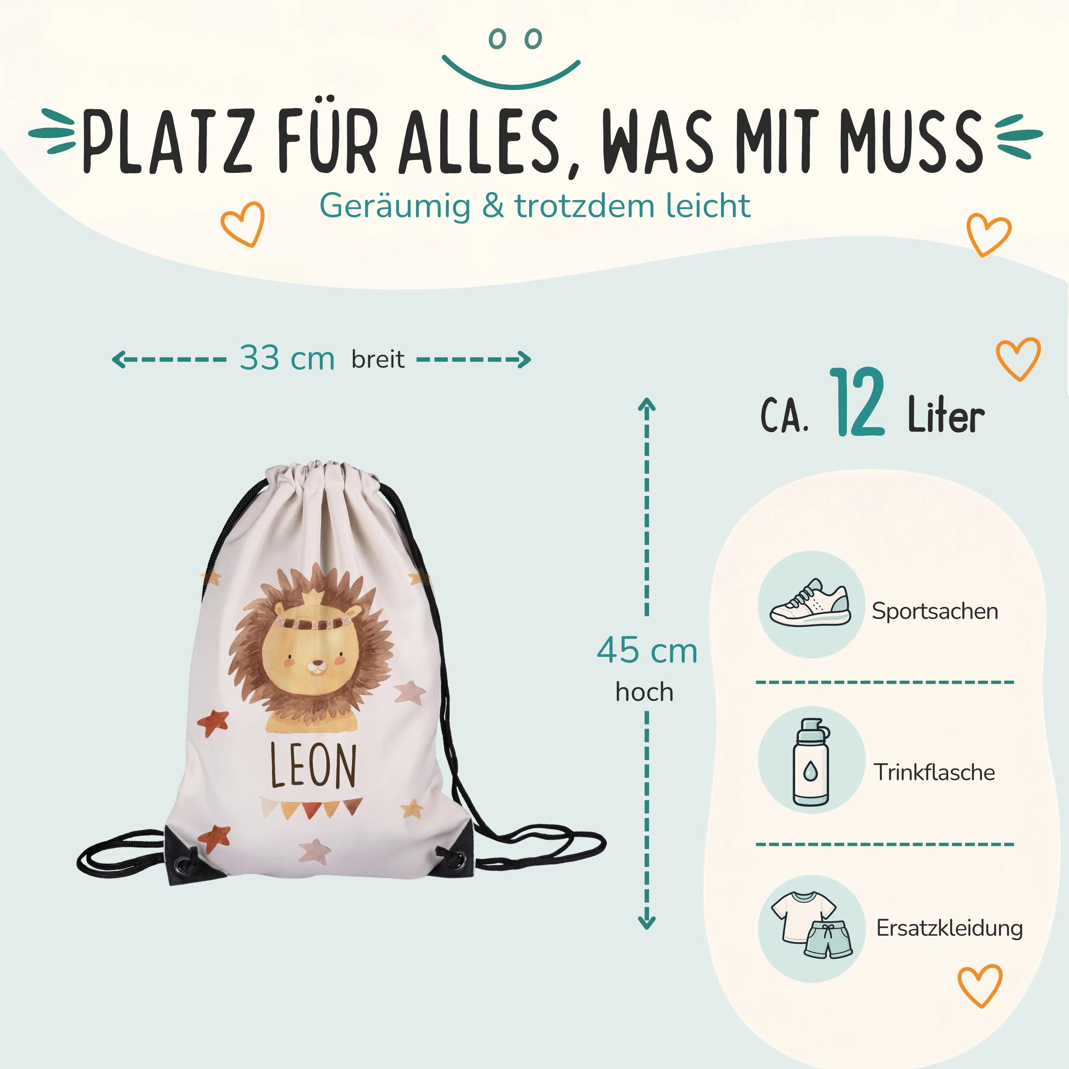 Personalisierter Turnbeutel Löwe mit Kranz, GröĂe 33 x 45 cm mit ca. 12 Liter Fassungsvermögen