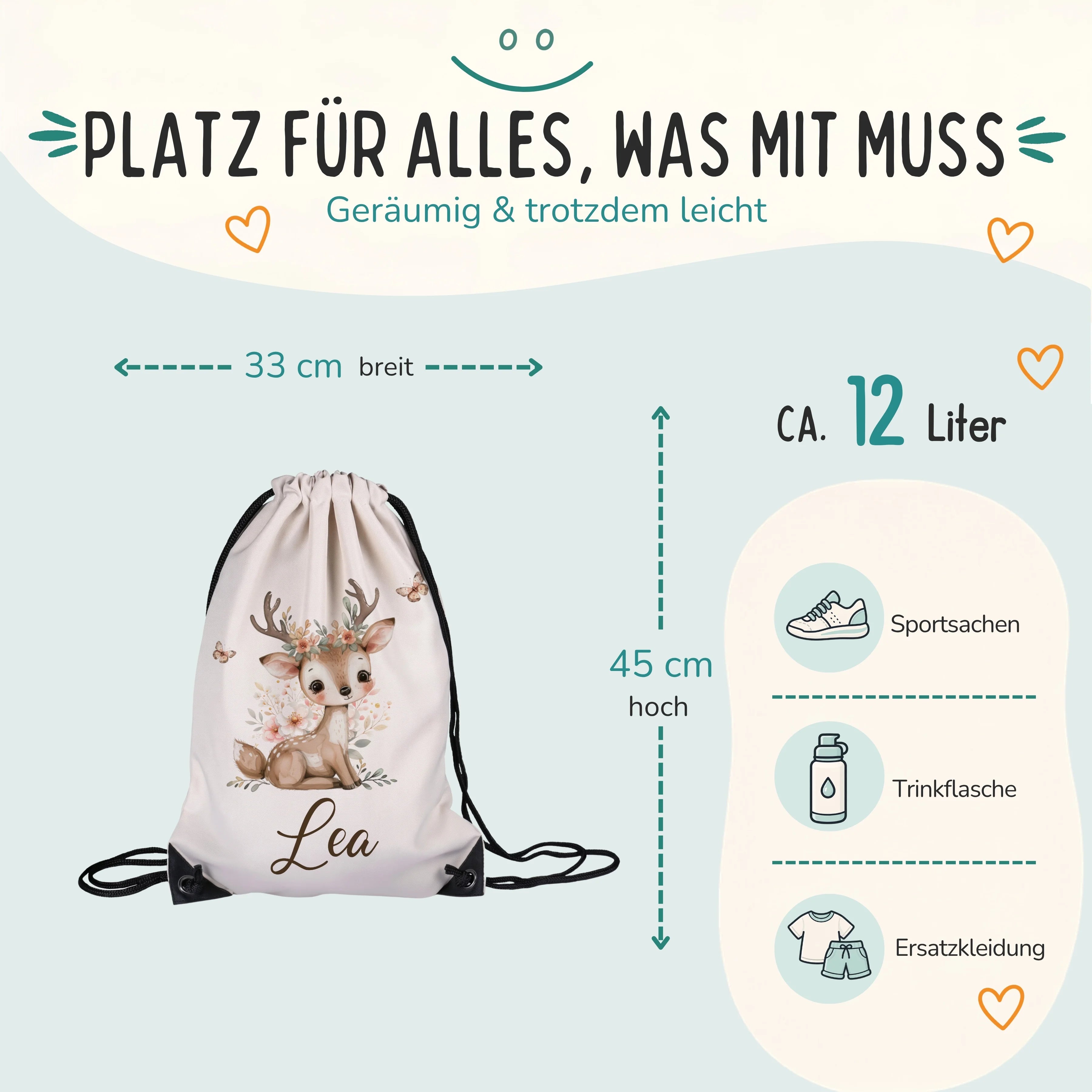 Personalisierter Turnbeutel Reh mit Blumenkranz, Größe 33 x 45 cm mit ca. 12 Liter Fassungsvermögen