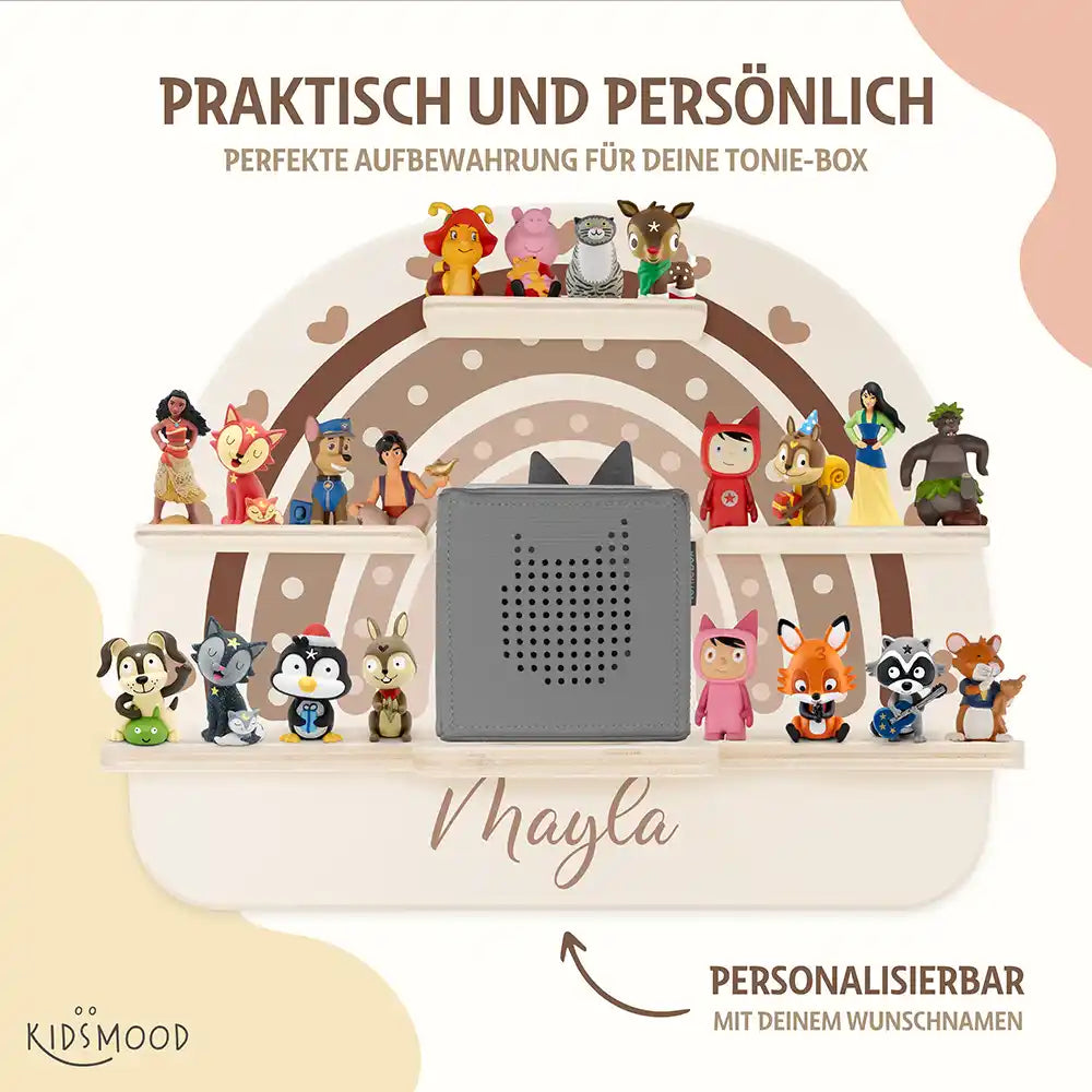 hochwertiges tonieregal aus holz mit regenbogen und herz