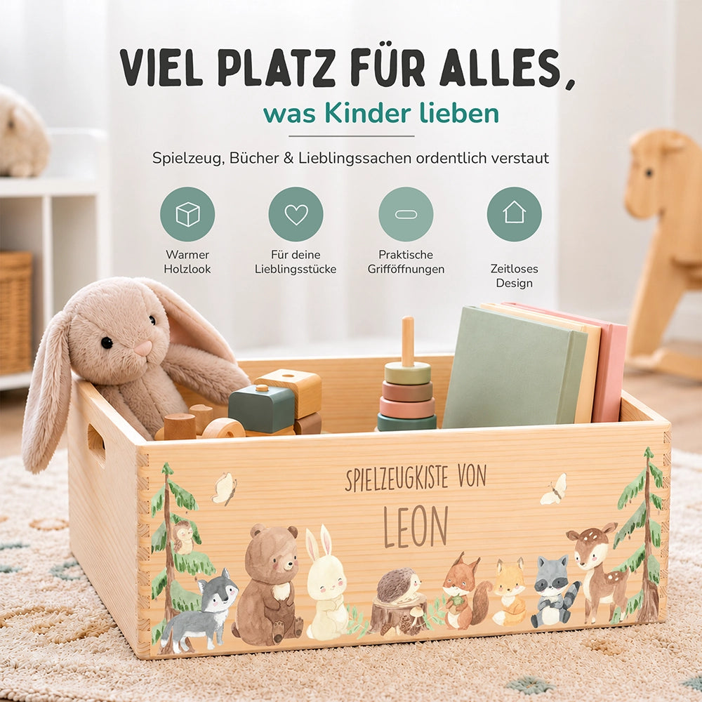 Spielzeugkiste personalisiert mit Namen - niedliche Waldtiere