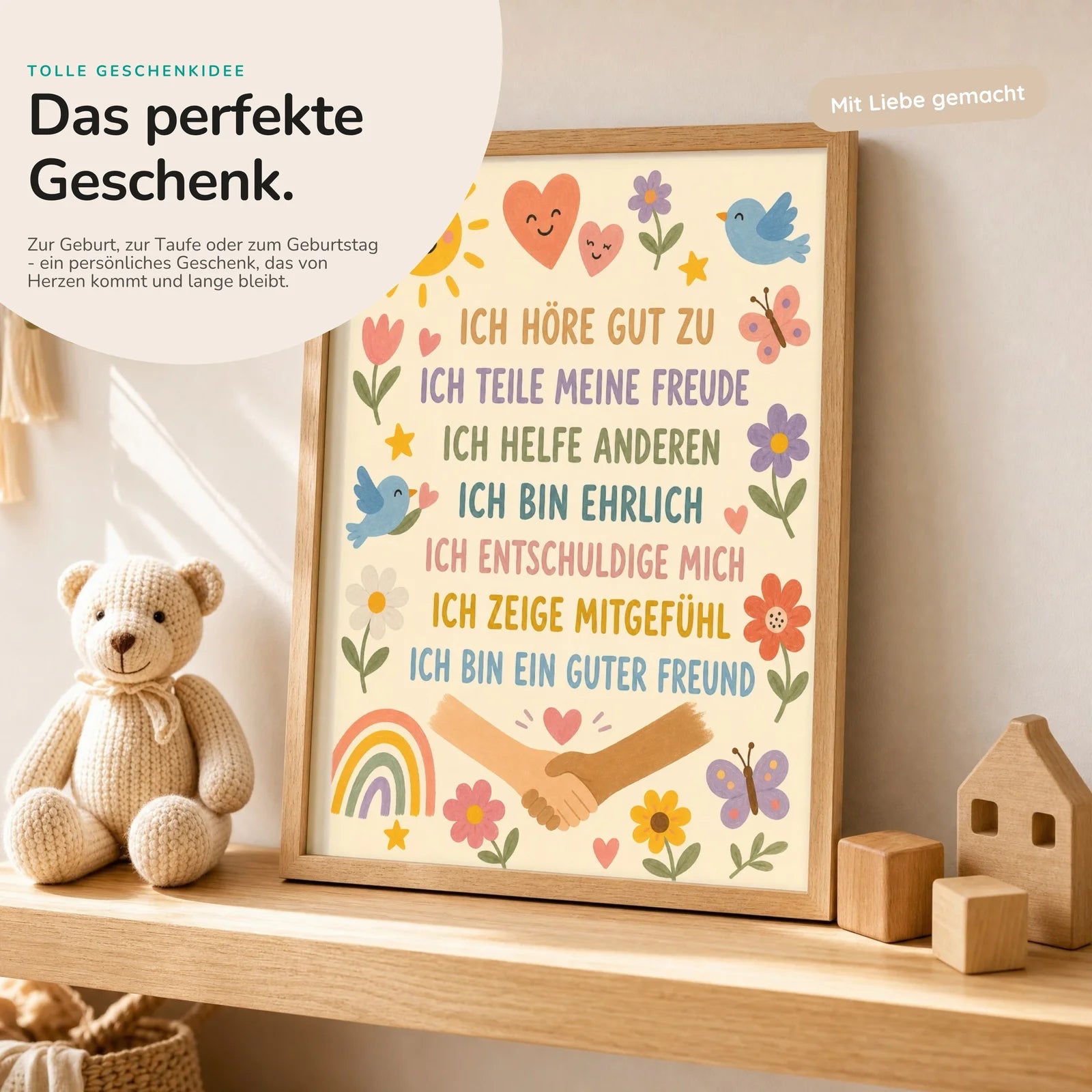 Affirmationsposter Kinderzimmer Blumenwiese Ich höre zu, mit optionalem Holzrahmen