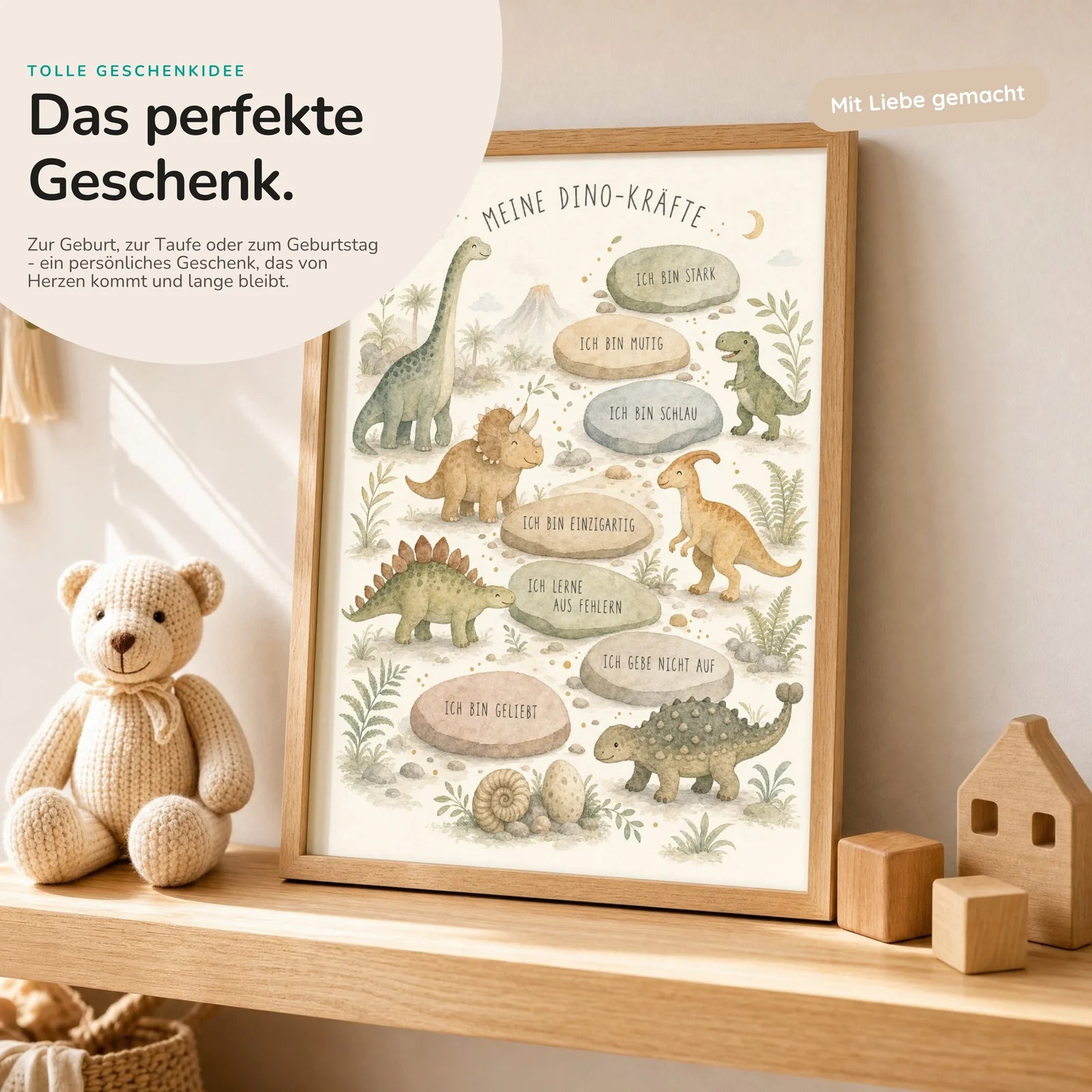 Affirmationsposter Kinderzimmer Dino-KrÀfte, mit optionalem Holzrahmen