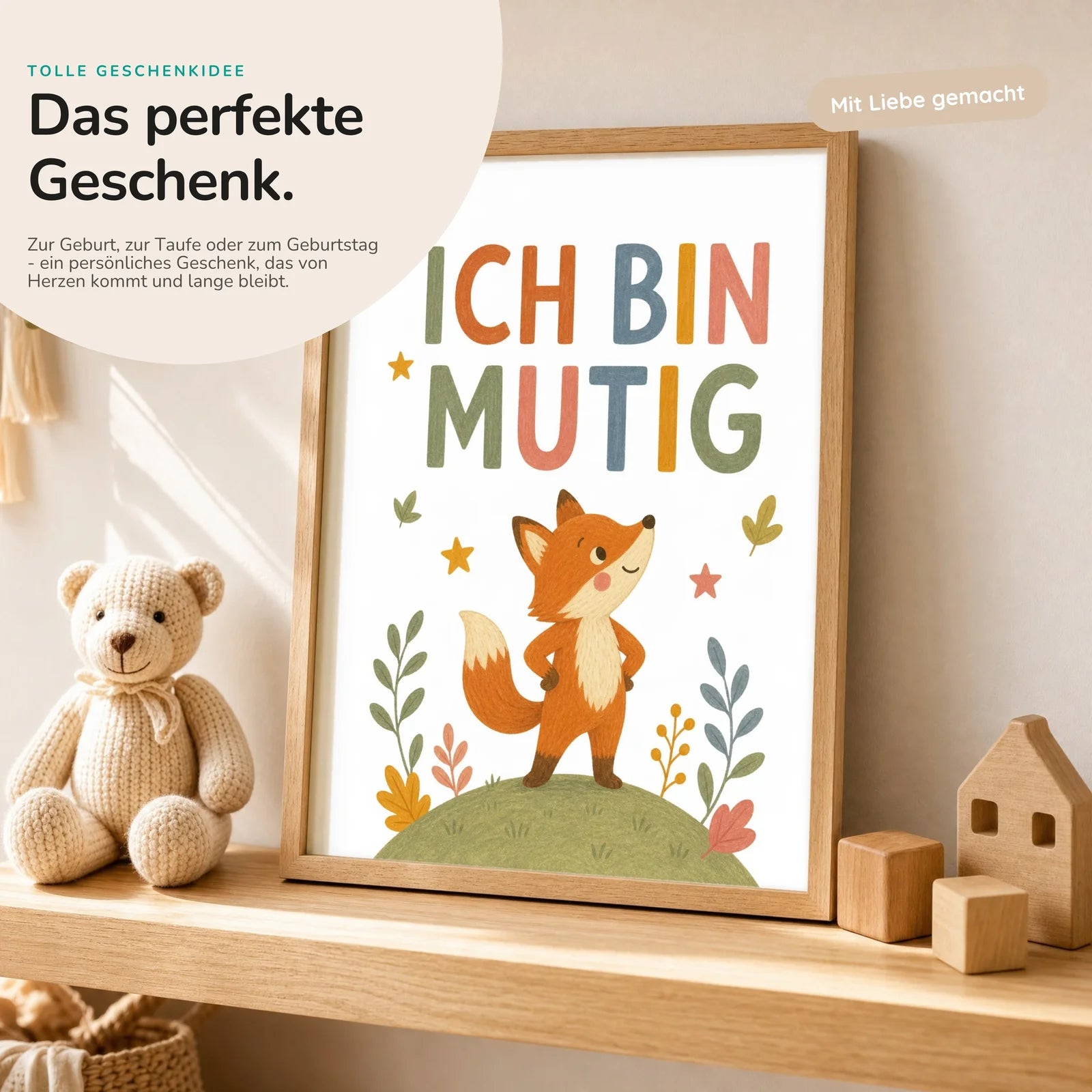 Affirmationsposter Kinderzimmer Fuchs Ich bin mutig, mit optionalem Holzrahmen