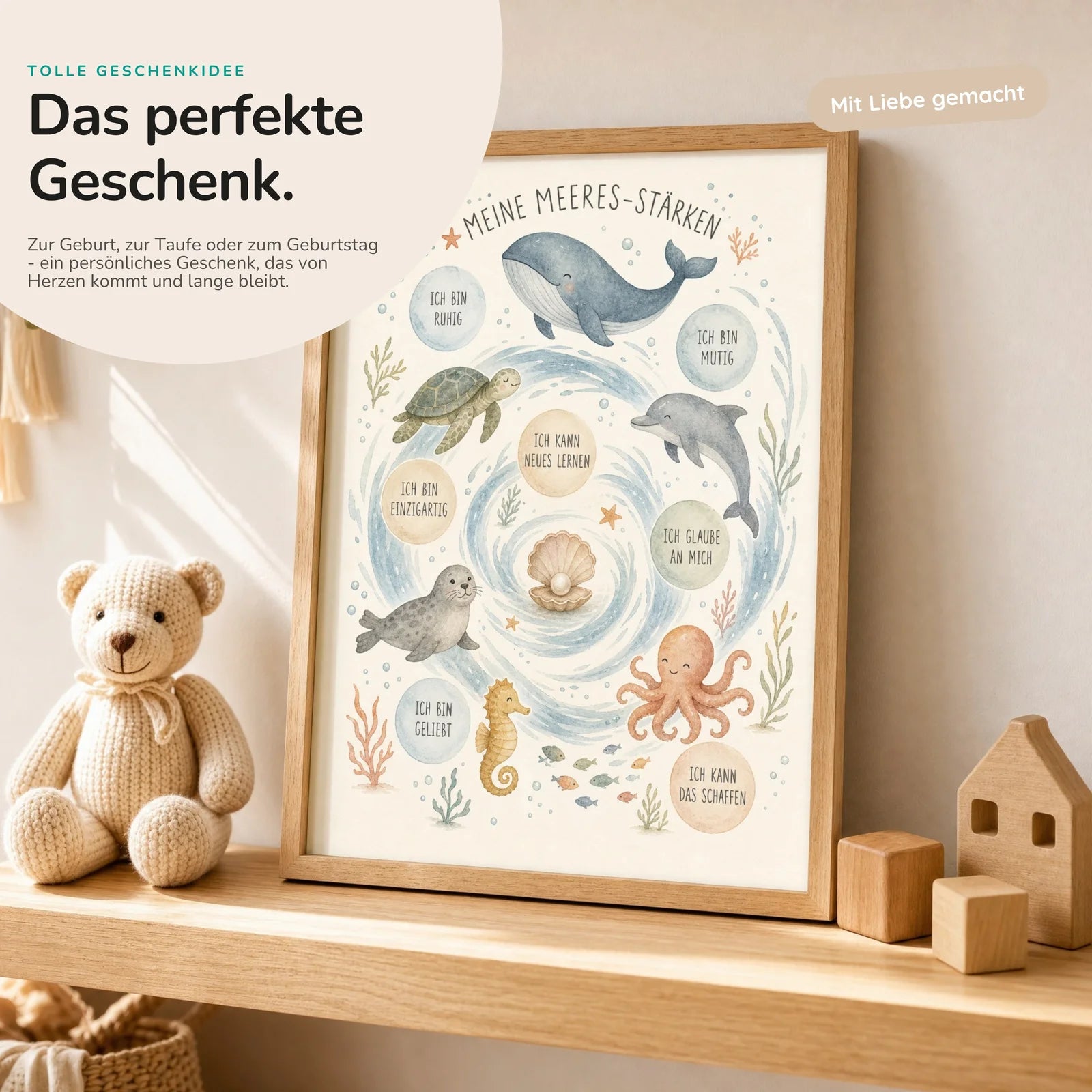 Affirmationsposter Kinderzimmer Meeres-StÀrken, mit optionalem Holzrahmen