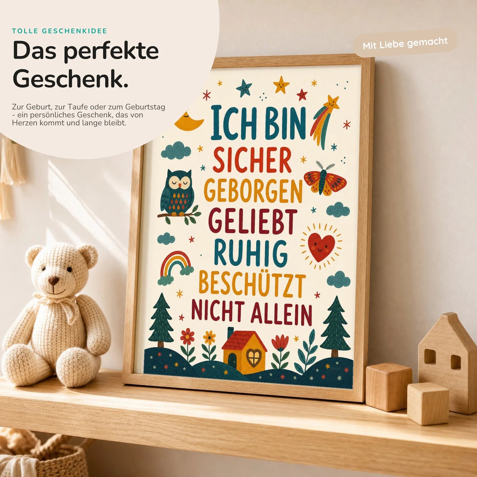 Affirmationsposter Kinderzimmer Nachthimmel Ich bin sicher, mit optionalem Holzrahmen