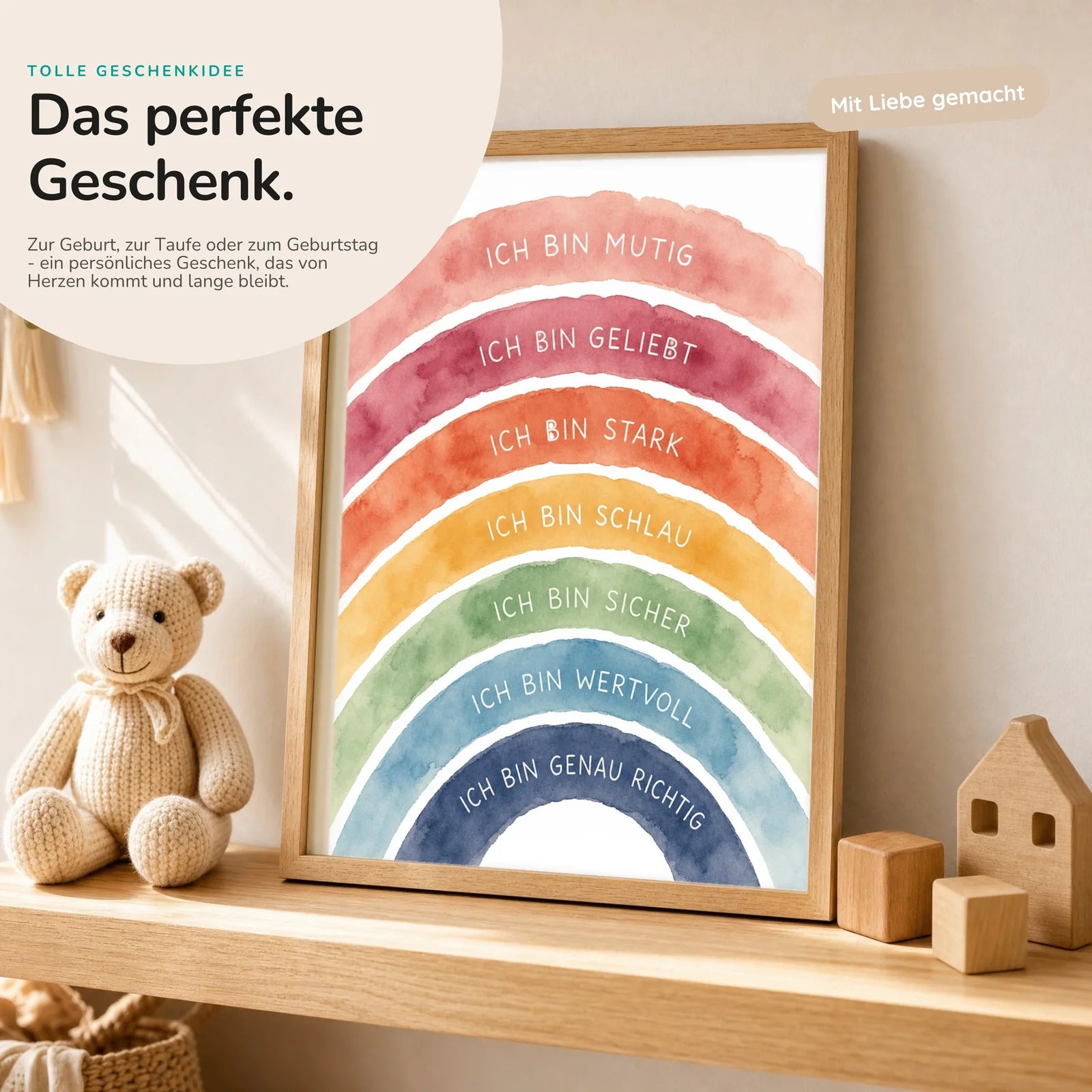 Affirmationsposter Kinderzimmer Regenbogen Ich bin bunt, mit optionalem Holzrahmen