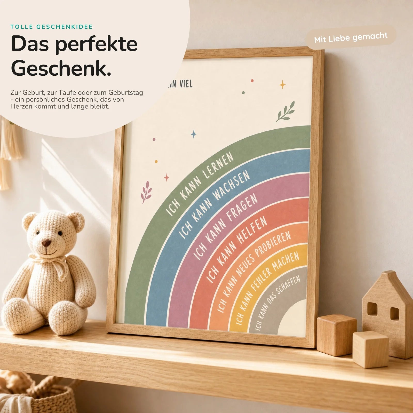 Affirmationsposter Kinderzimmer Regenbogen Ich kann viel, mit optionalem Holzrahmen