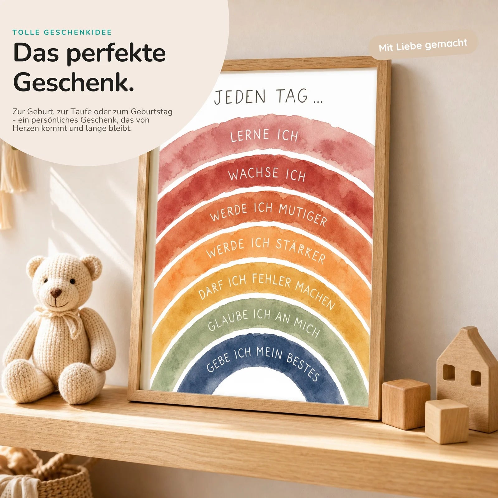 Affirmationsposter Kinderzimmer Regenbogen Jeden Tag, mit optionalem Holzrahmen