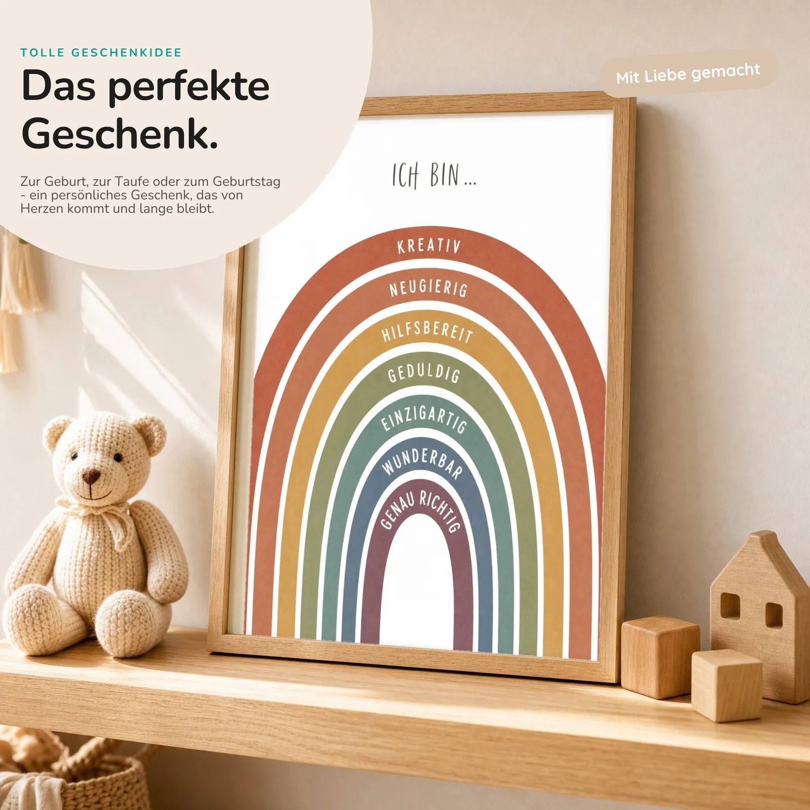Affirmationsposter Kinderzimmer Regenbogen Terracotta, mit optionalem Holzrahmen