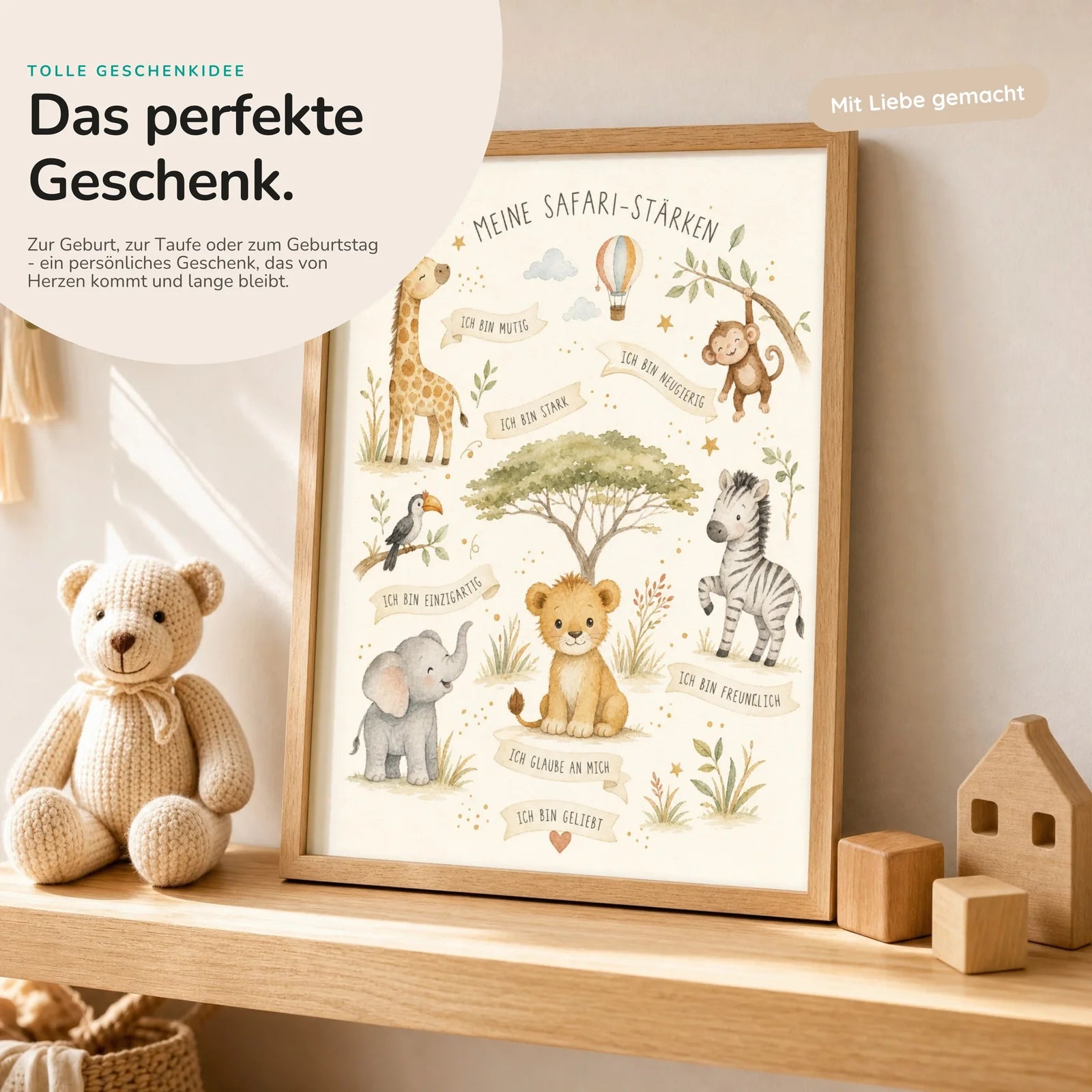 Affirmationsposter Kinderzimmer Safari-StÀrken, mit optionalem Holzrahmen