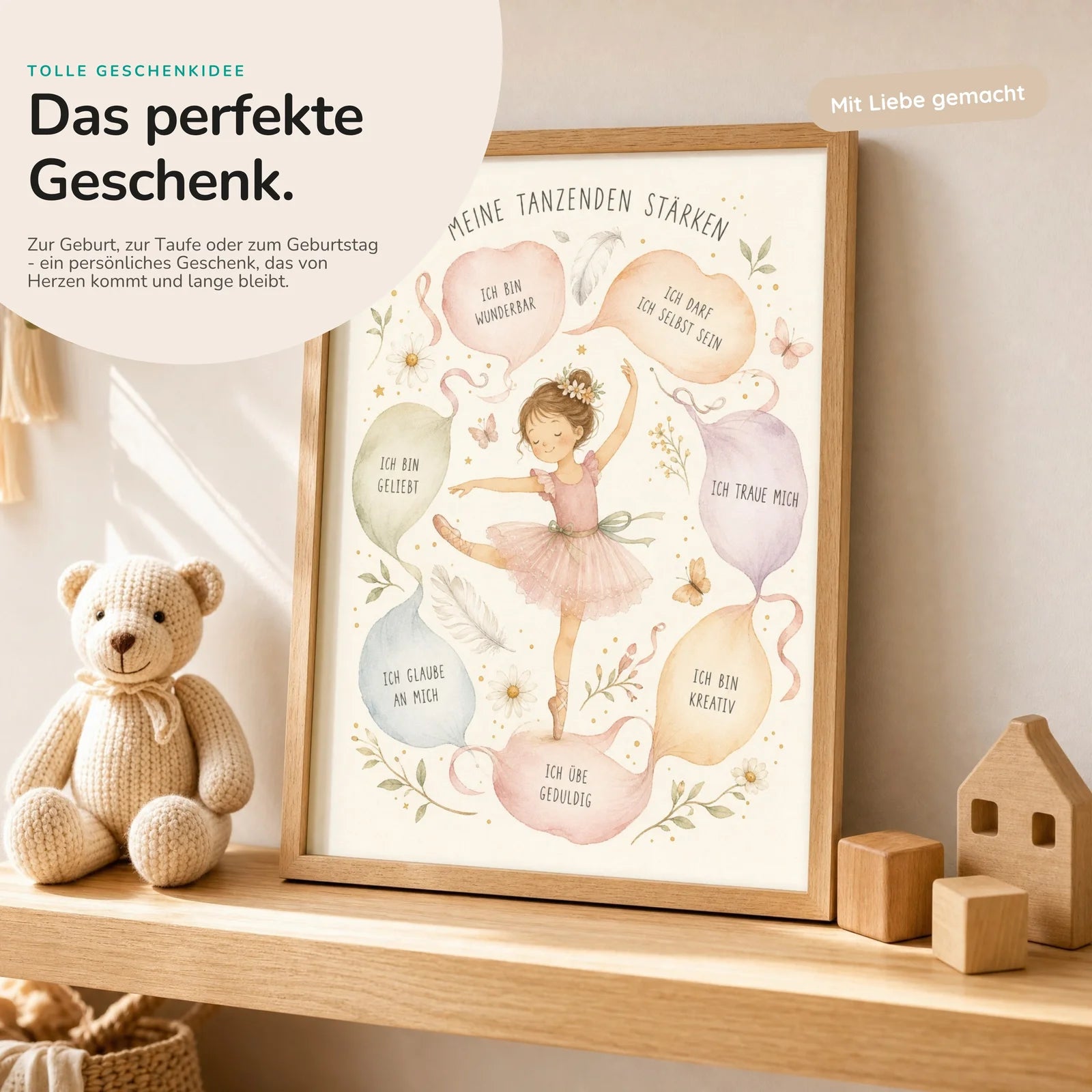 Affirmationsposter Kinderzimmer Tanzende StÀrken, mit optionalem Holzrahmen
