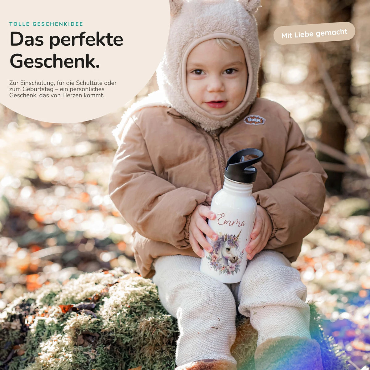 Trinkflasche Kinder Edelstahl - Einhorn mit BlĂŒten