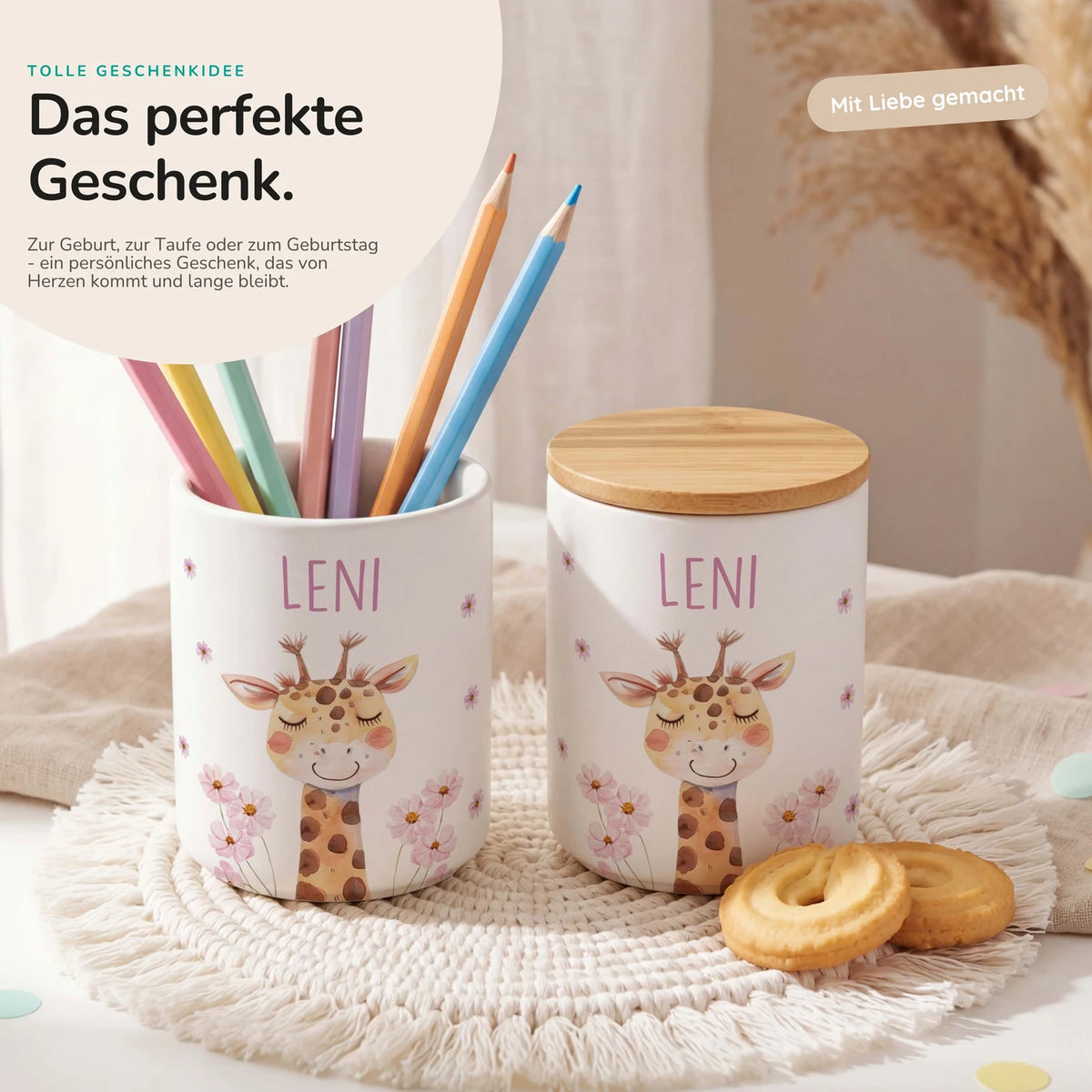 Personalisierte Keksdose Giraffe Blumen â Keramik & Bambus mit Wunschname