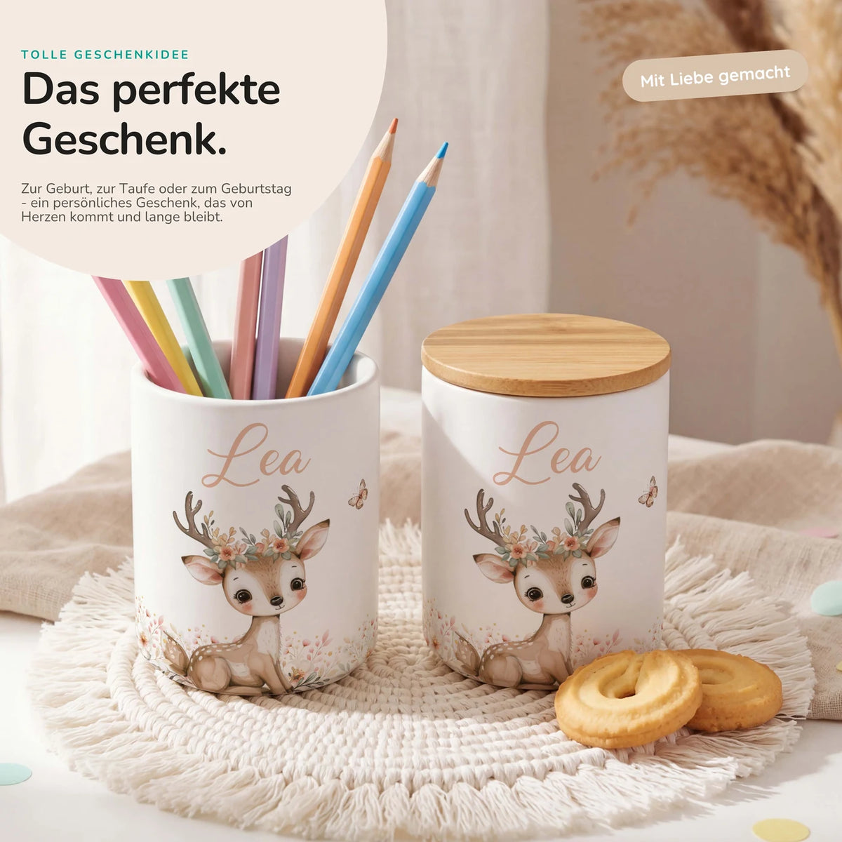 Personalisierte Keksdose Reh Blumenkranz – Keramik & Bambus mit Wunschname
