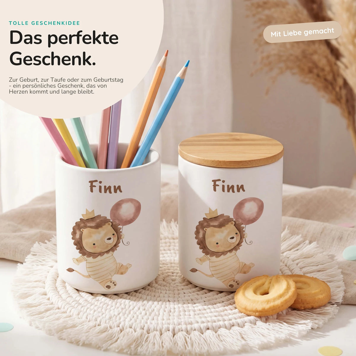 Personalisierte Keksdose Löwe Geburtstag â Keramik & Bambus mit Wunschname