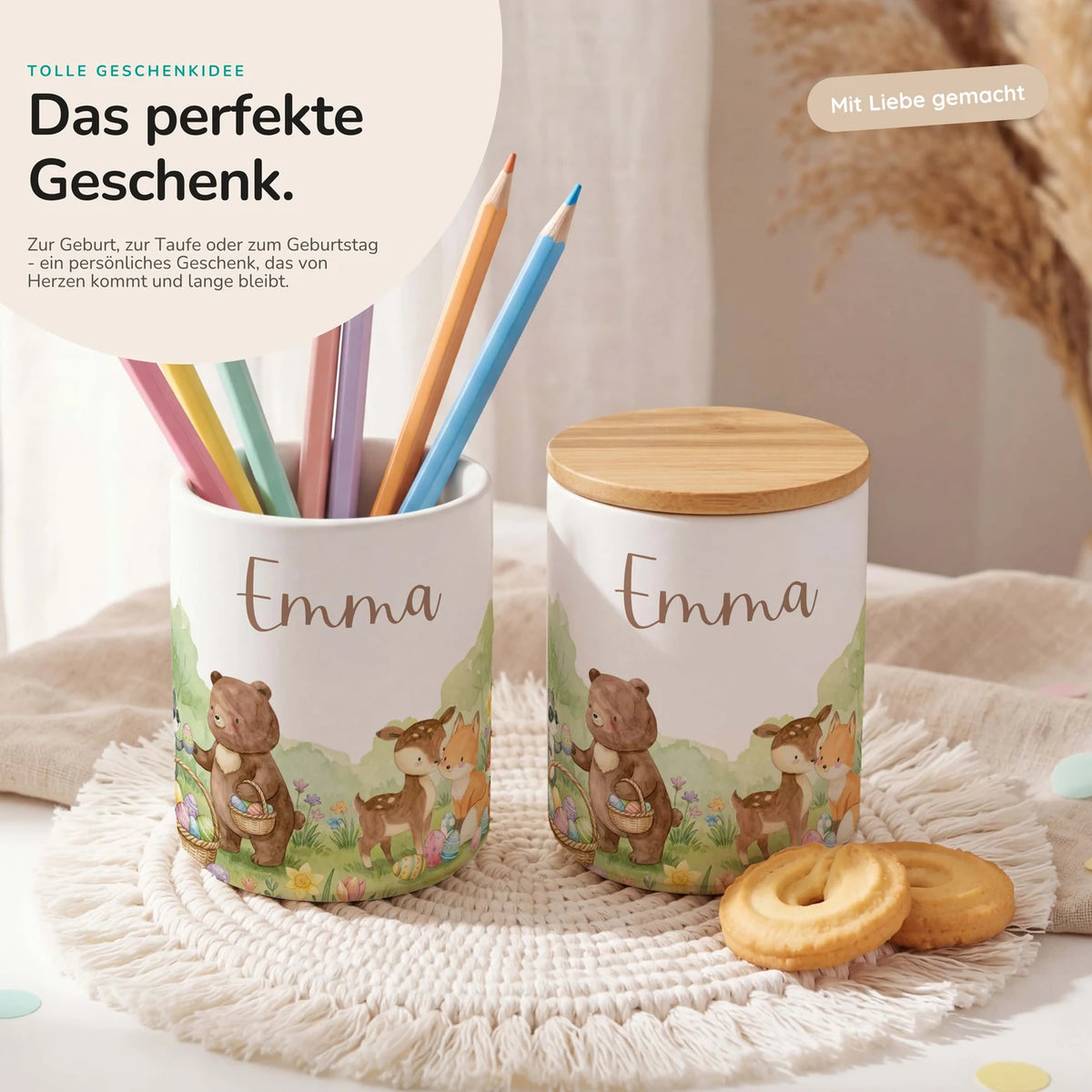 Personalisierte Keksdose Ostern BĂ€renfamilie â Keramik & Bambus mit Wunschname