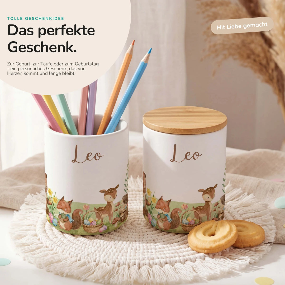 Personalisierte Keksdose Ostern Frühlingswiese – Keramik & Bambus mit Wunschname