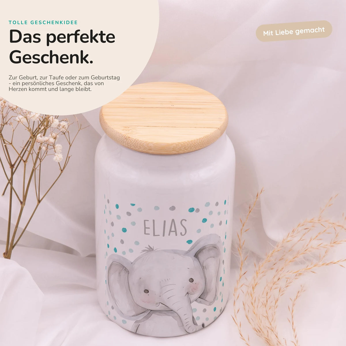 Personalisierbare Keksdose mit Name - Elefant mit Punkten