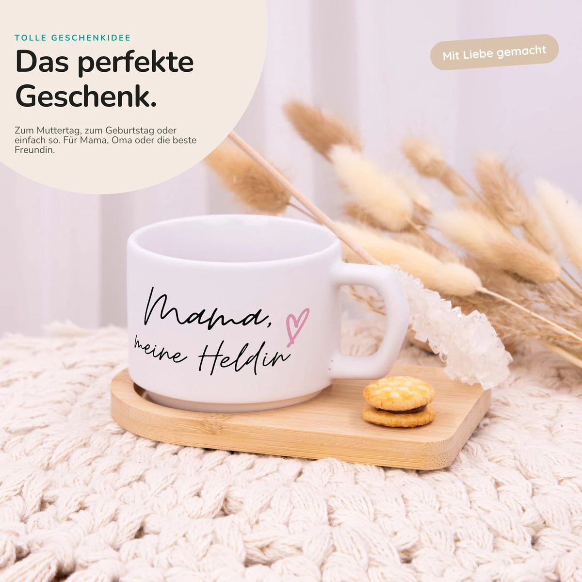 Muttertagsgeschenk Keramikbecher mit Untersetzer – Mama meine Heldin