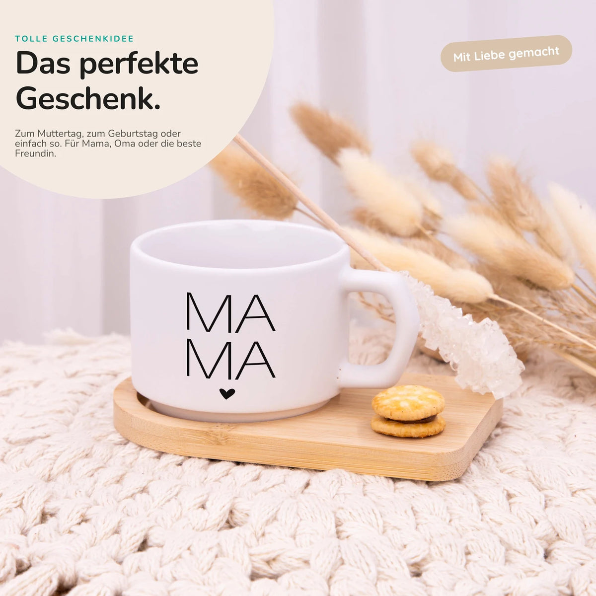 Muttertagsgeschenk Keramikbecher mit Untersetzer – MAMA Großbuchstaben
