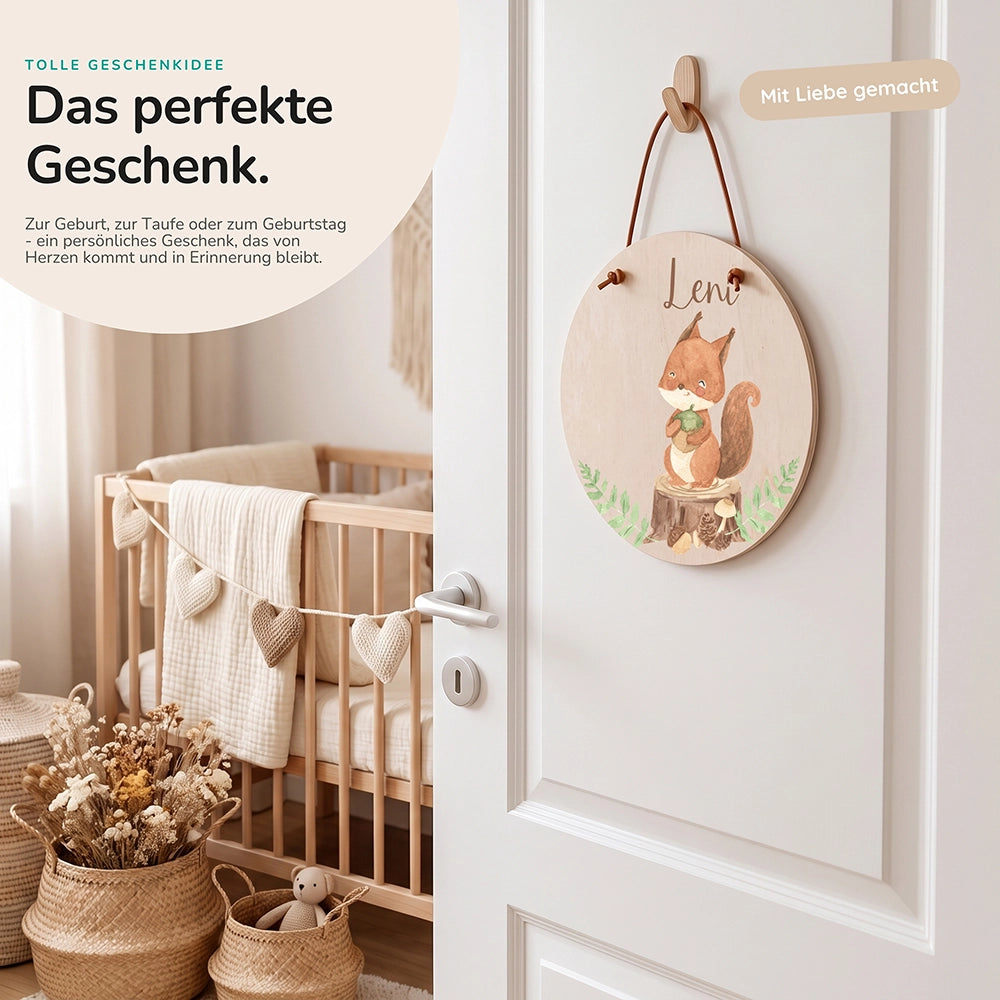 Türschild Kinderzimmer personalisiert mit Name Eichhörnchen im Wald