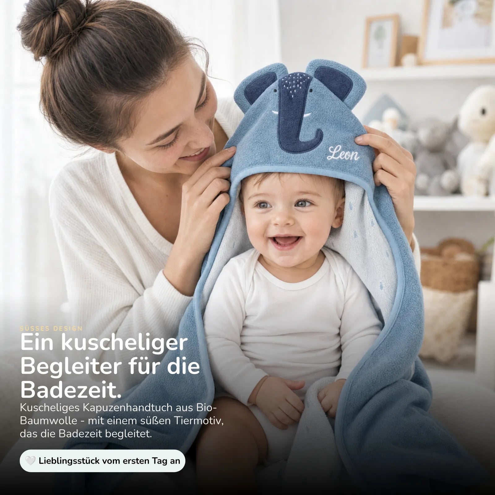 Trixie Kapuzenhandtuch Baby Elefant, aus 100% Bio-Baumwolle, kuscheliger Frottee