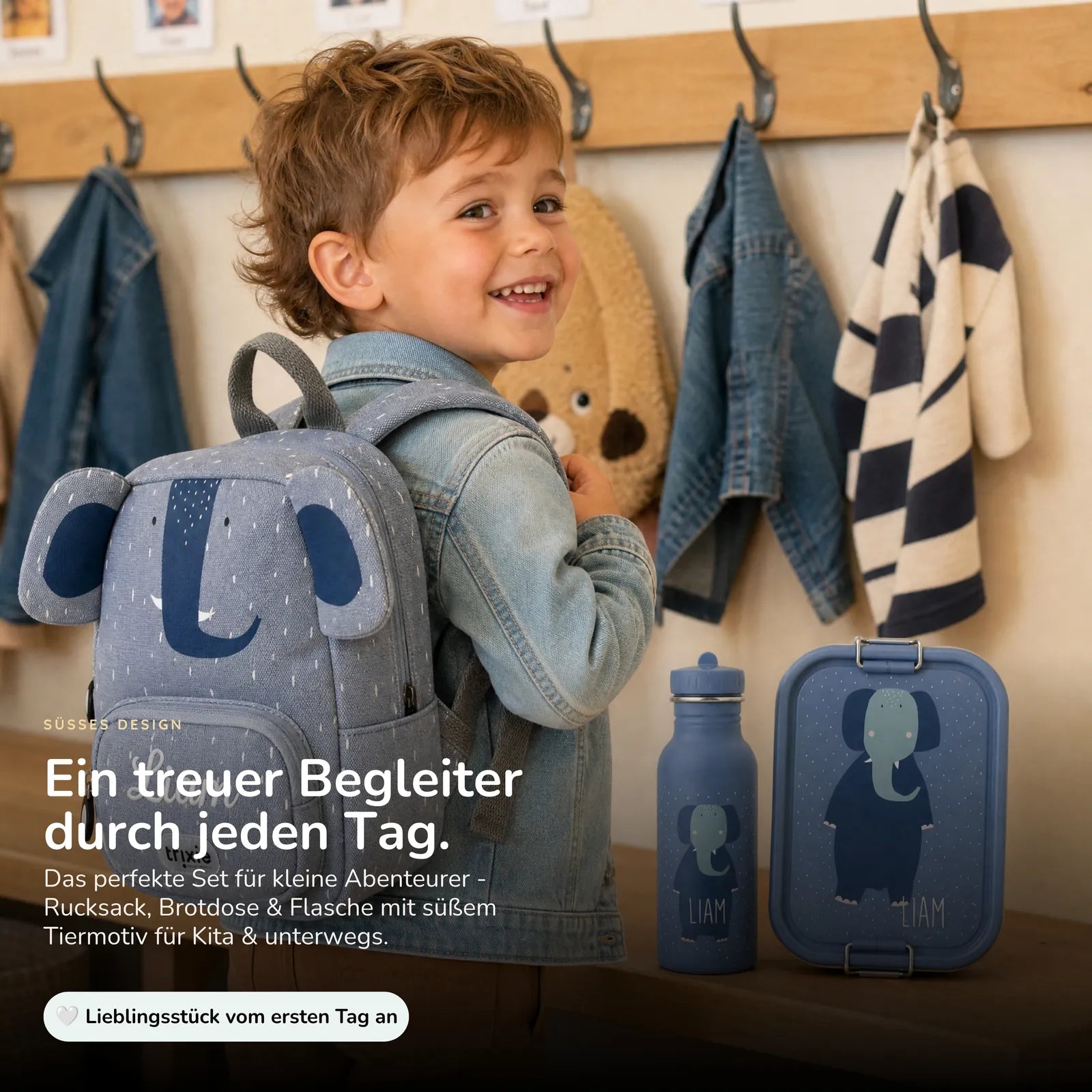 Trixie Kindergarten Set Elefant, ergonomischer Rucksack im Set mit Namen