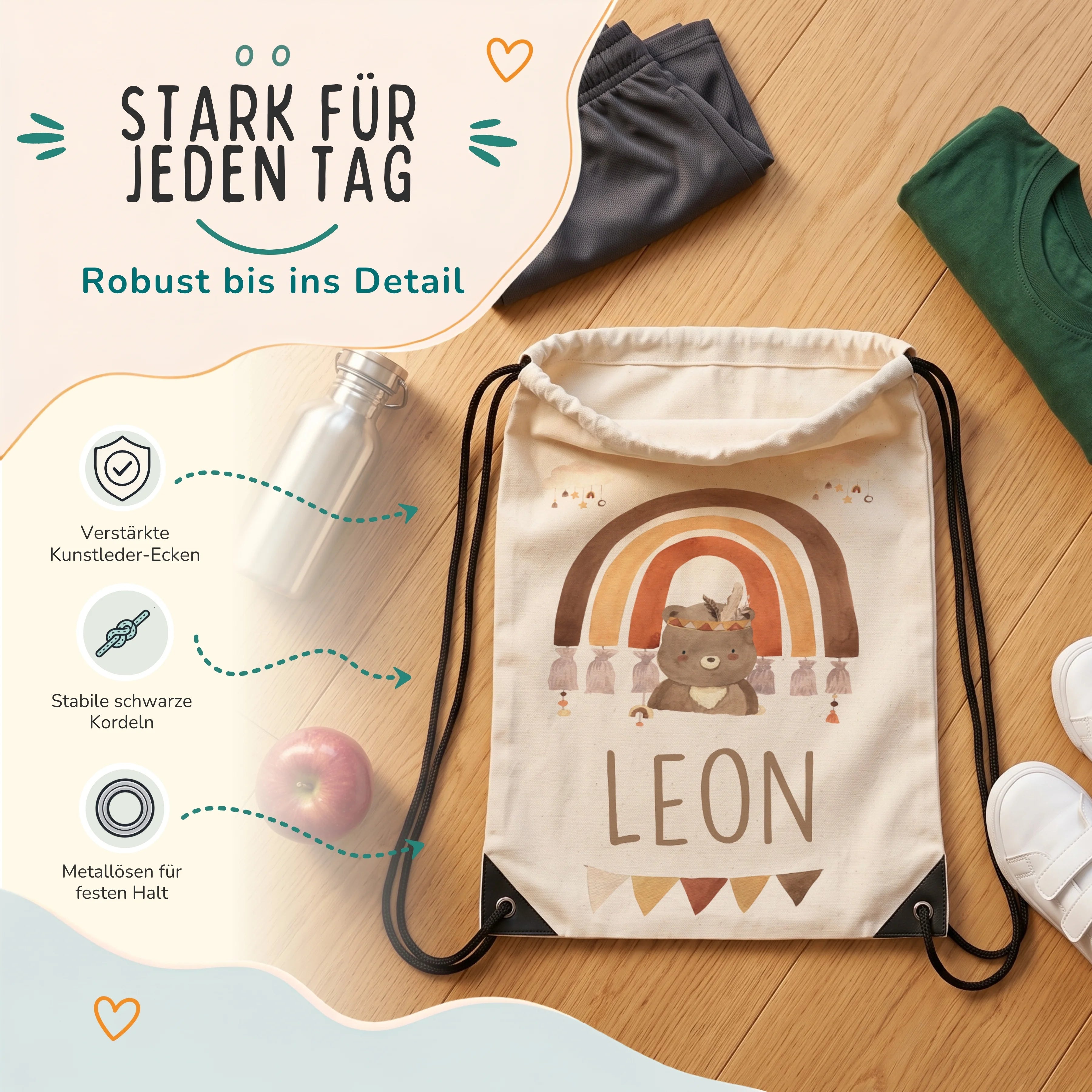 Personalisierter Turnbeutel Boho BÀr Regenbogen, verstÀrkte Kunstleder-Ecken und Metallösen im Detail