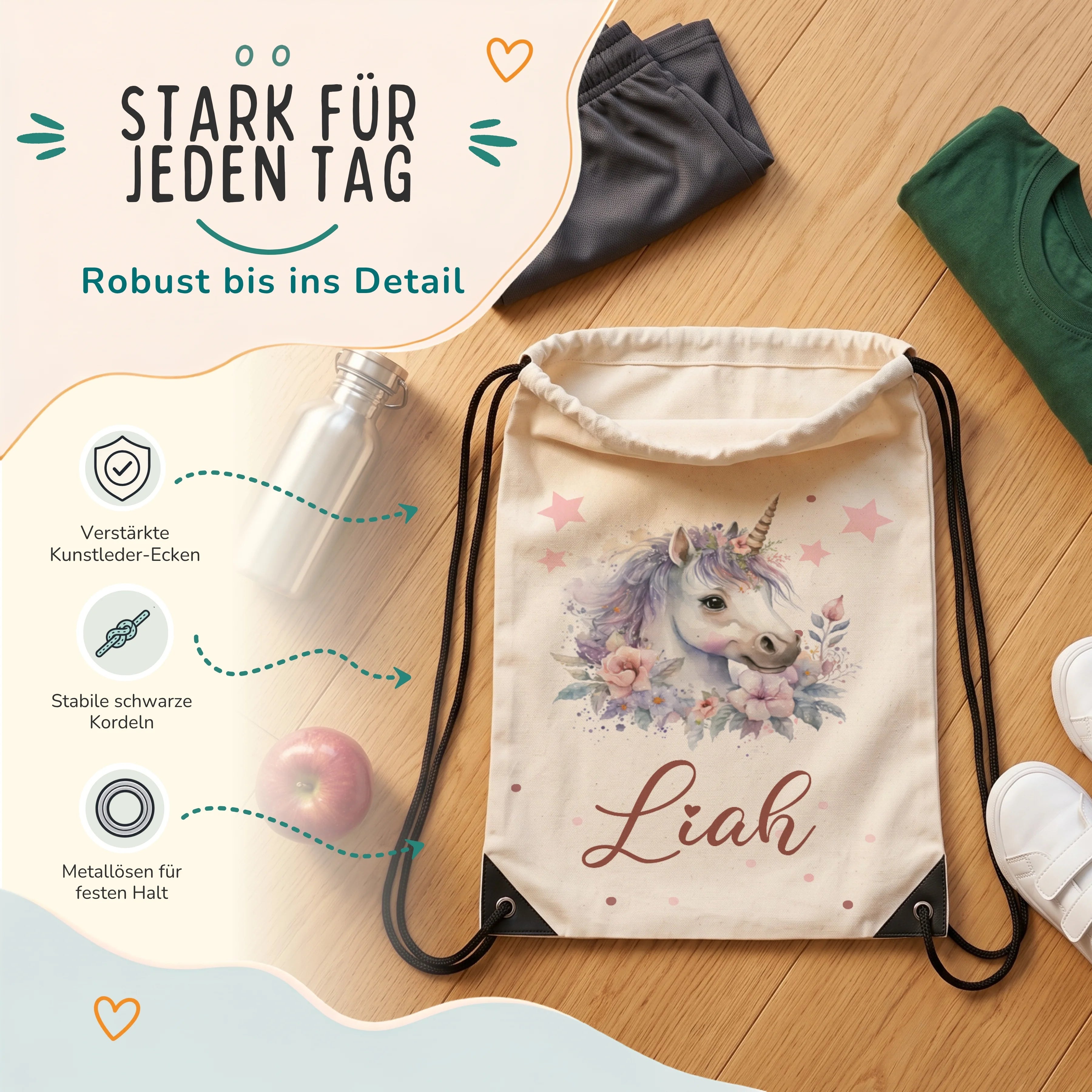 Personalisierter Turnbeutel Einhorn mit Blumen, verstärkte Kunstleder-Ecken und Metallösen im Detail