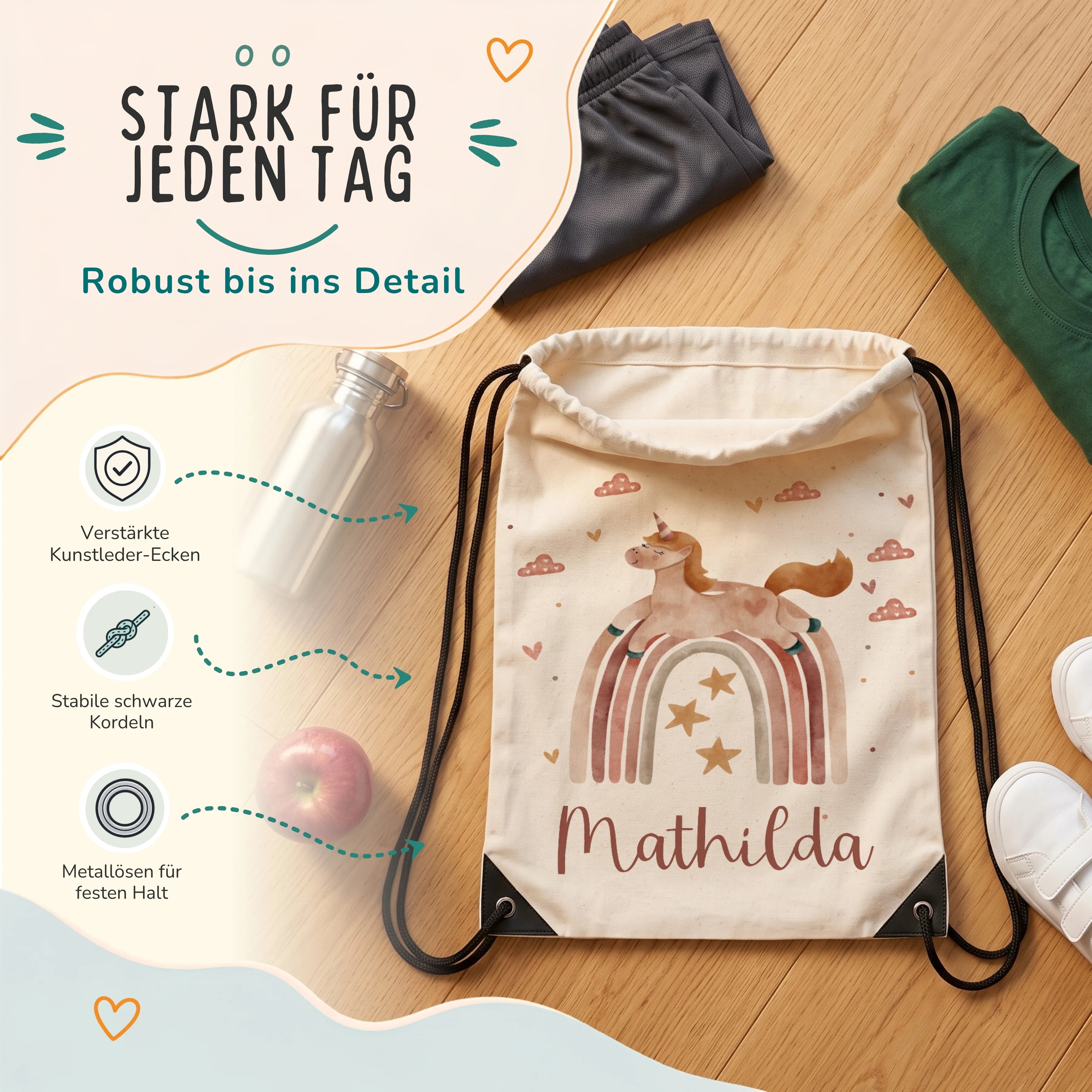 Personalisierter Turnbeutel Einhorn Regenbogen, verstärkte Kunstleder-Ecken und Metallösen im Detail