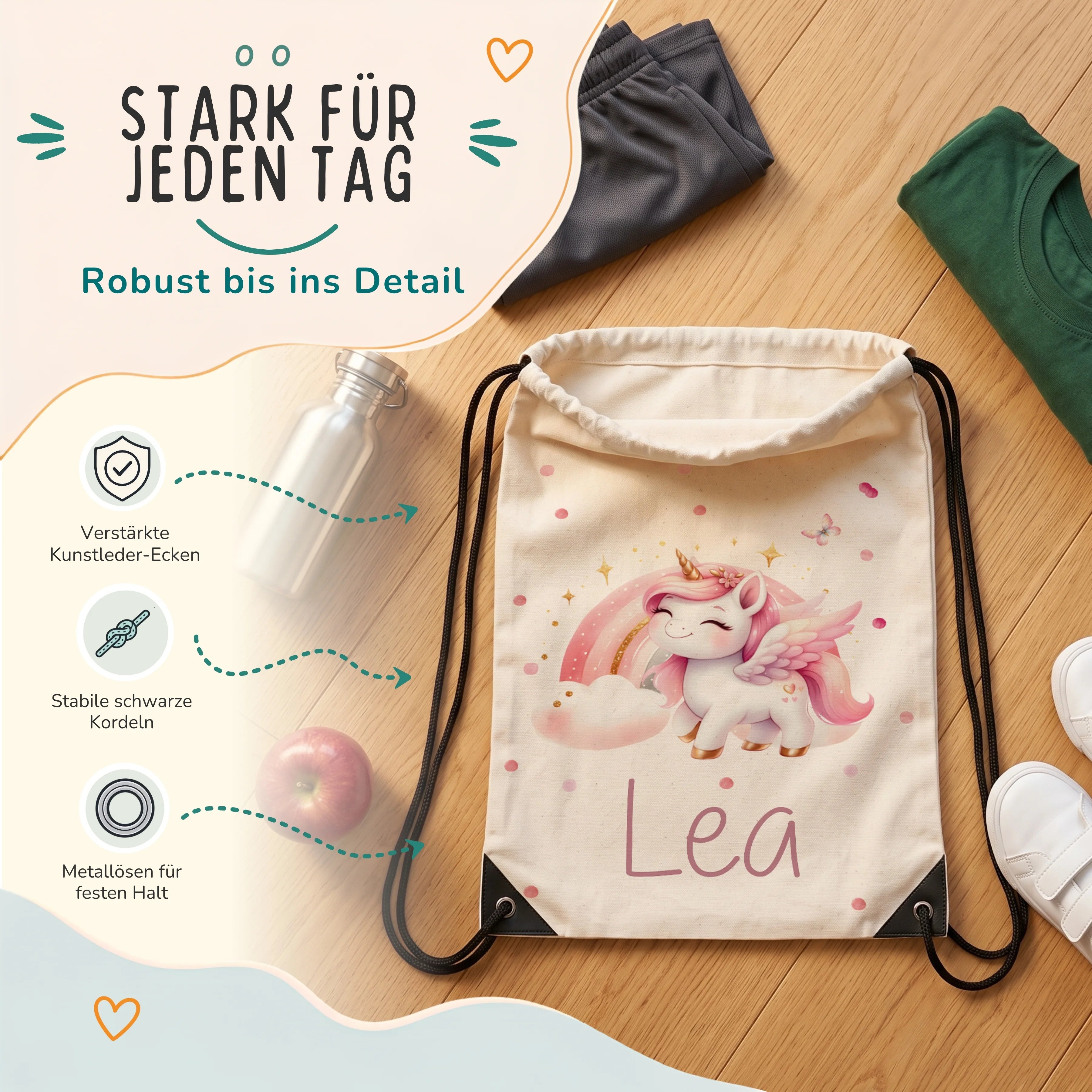 Personalisierter Turnbeutel Zauberhaftes Einhorn, verstärkte Kunstleder-Ecken und Metallösen im Detail