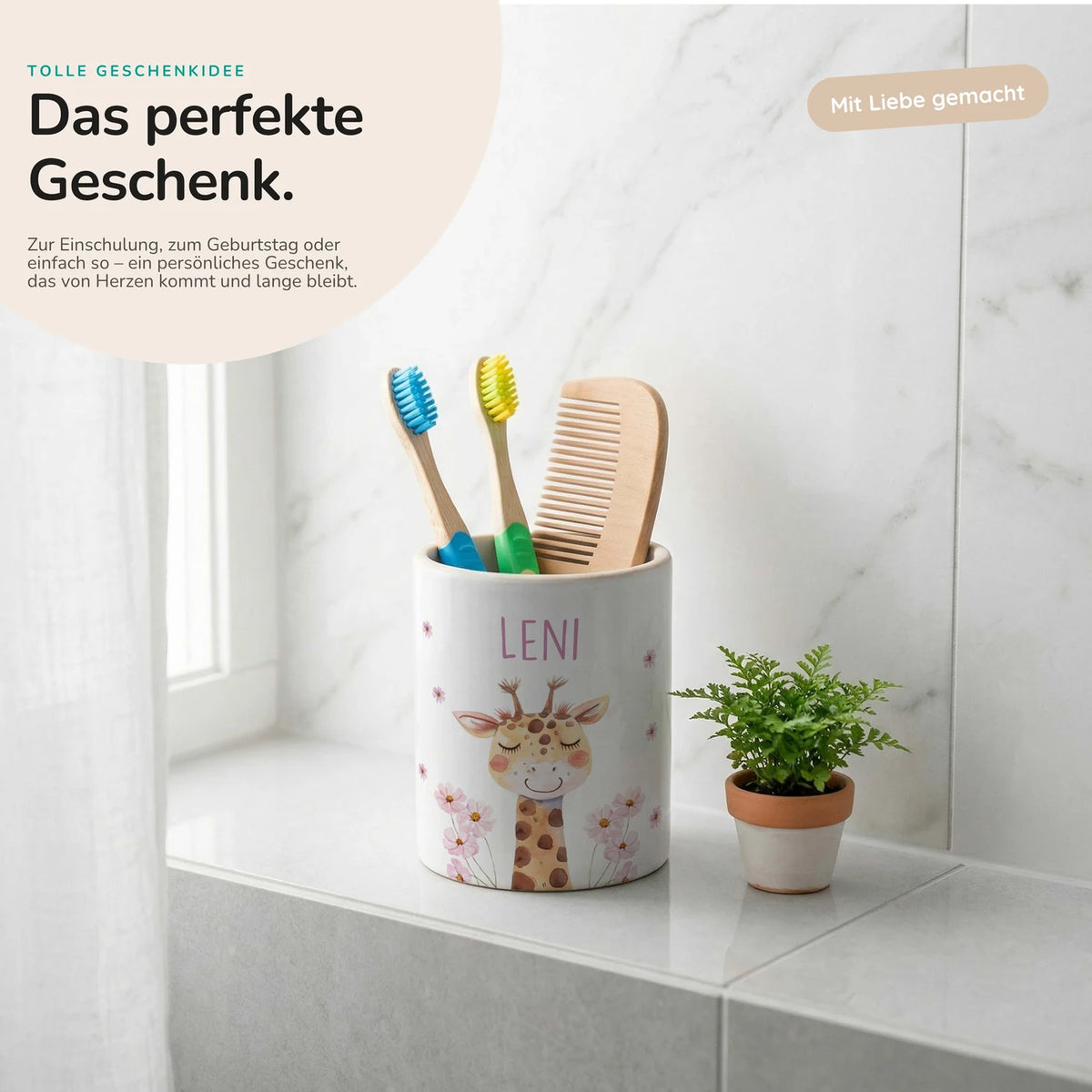 Personalisierter Stiftehalter Giraffe Blumen â Keramik mit Wunschname