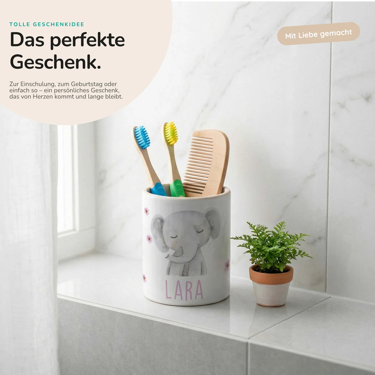 Personalisierter Stiftehalter Elefant Blumen â Keramik mit Wunschname