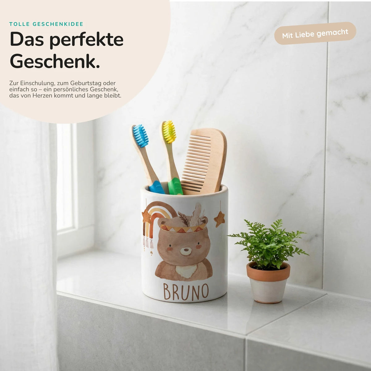 Personalisierter Stiftehalter Boho-BĂ€r â Keramik mit Wunschname
