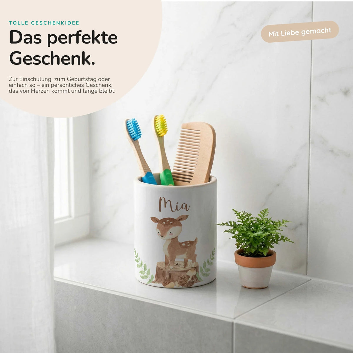 Personalisierter Stiftehalter Rehkitz Wald – Keramik mit Wunschname
