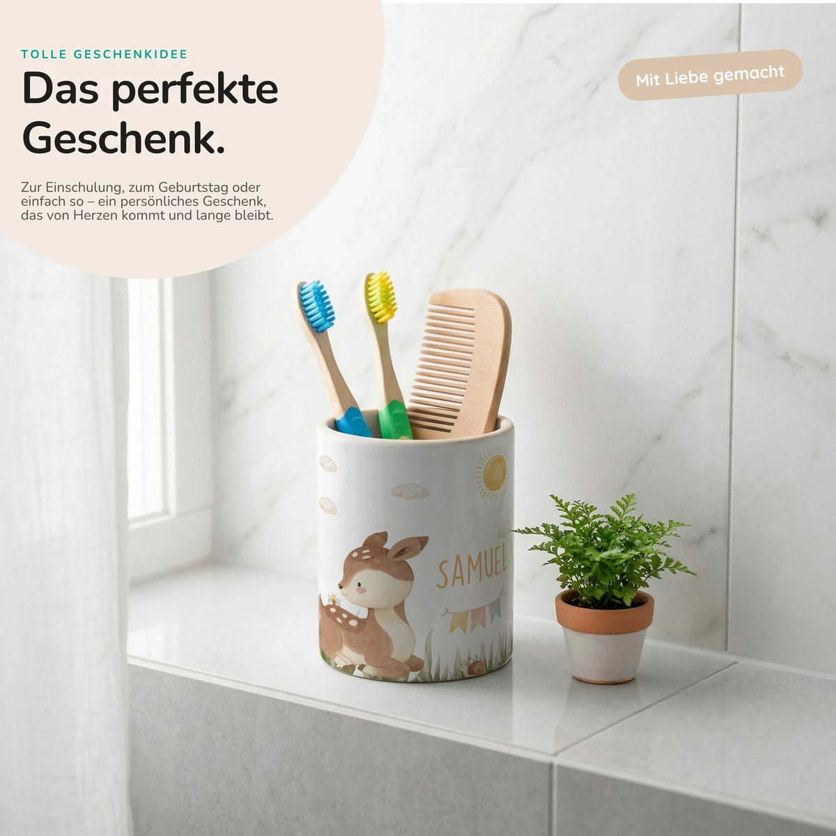 Personalisierter Stiftehalter Rehkitz Sonne – Keramik mit Wunschname