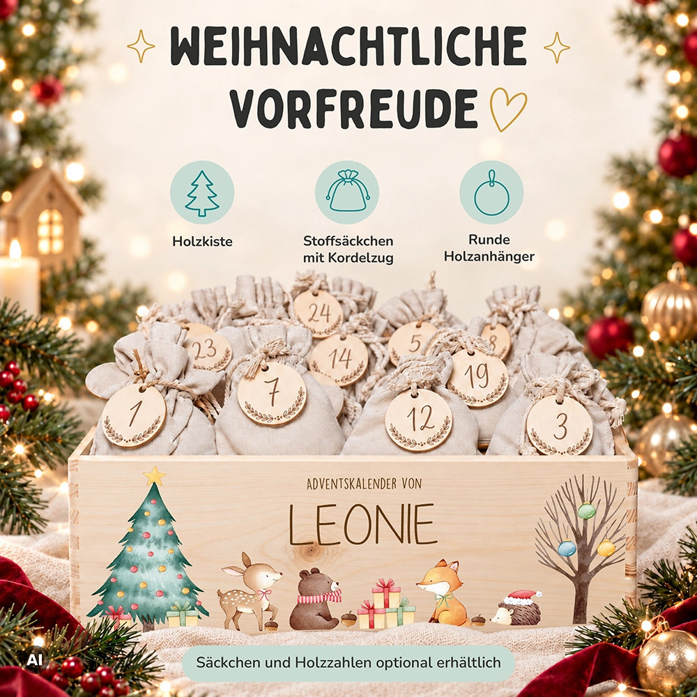 Adventskalender zum Befüllen "Waldtiere um den Weihnachtsbaum" personalisiert