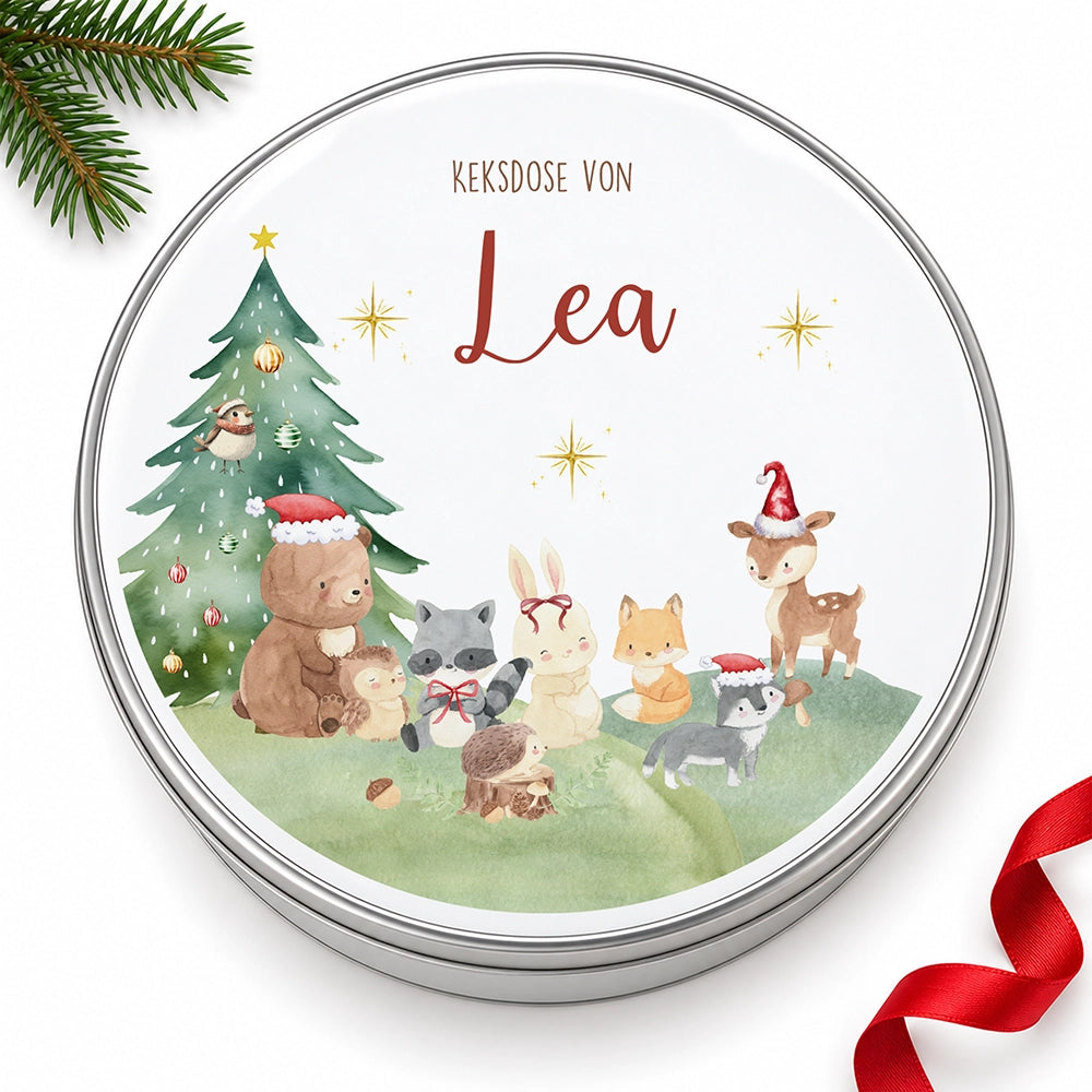 Keksdose aus Metall personalisiert - Kleine Waldbewohner im Weihnachtsglanz