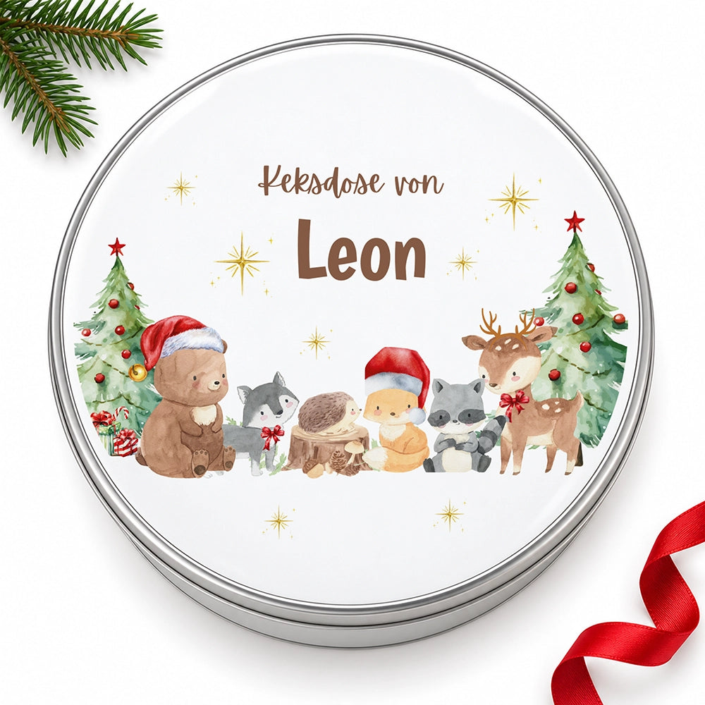 Keksdose aus Metall personalisiert - Weihnachtliche Waldtiere