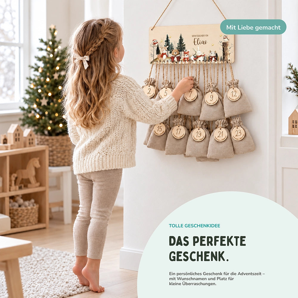 Personalisierbarer Adventskalender farbig - Frohe Tierfamilie