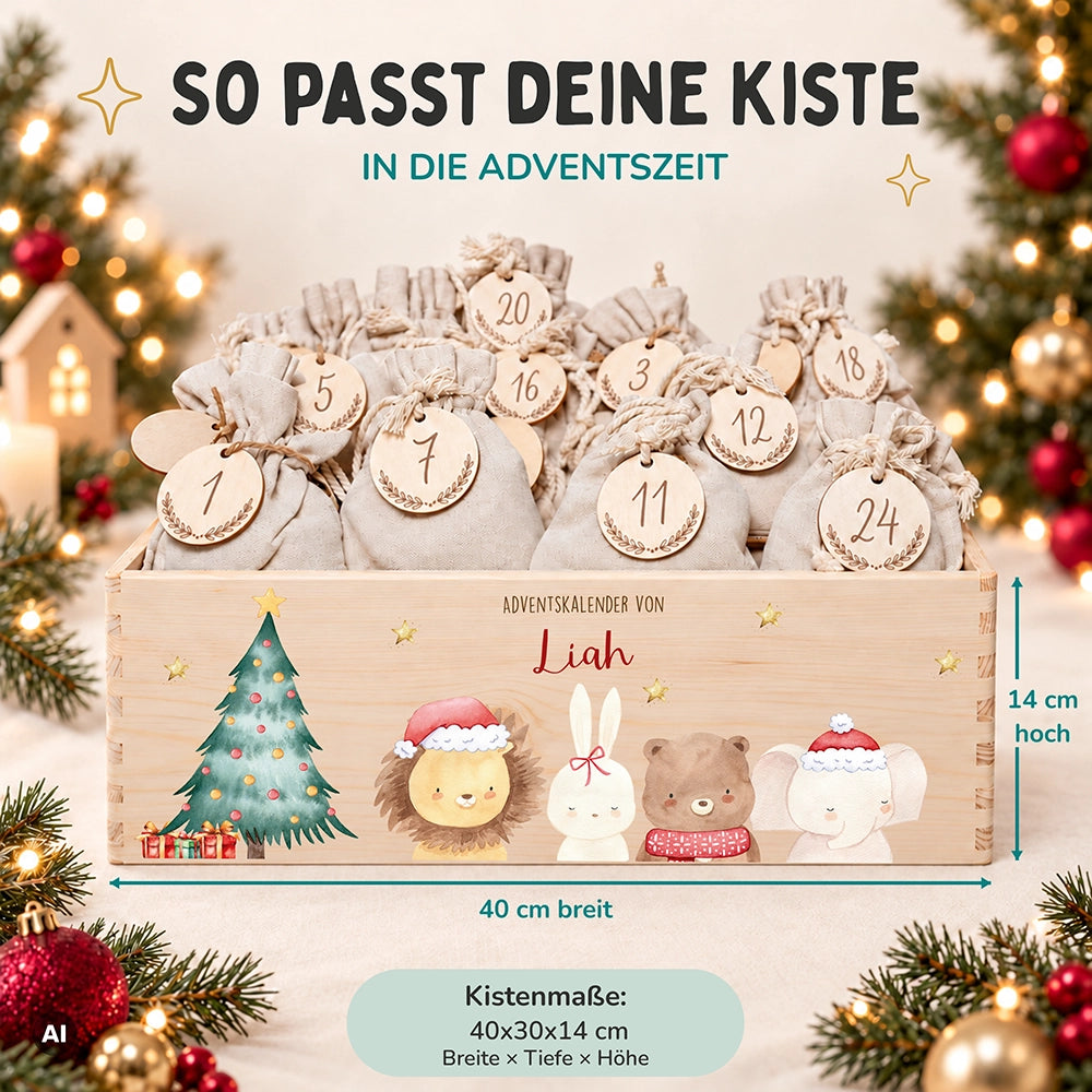 Adventskalender zum Befüllen "Weihnachten mit weihnachtlichem Tiertrio" personalisiert