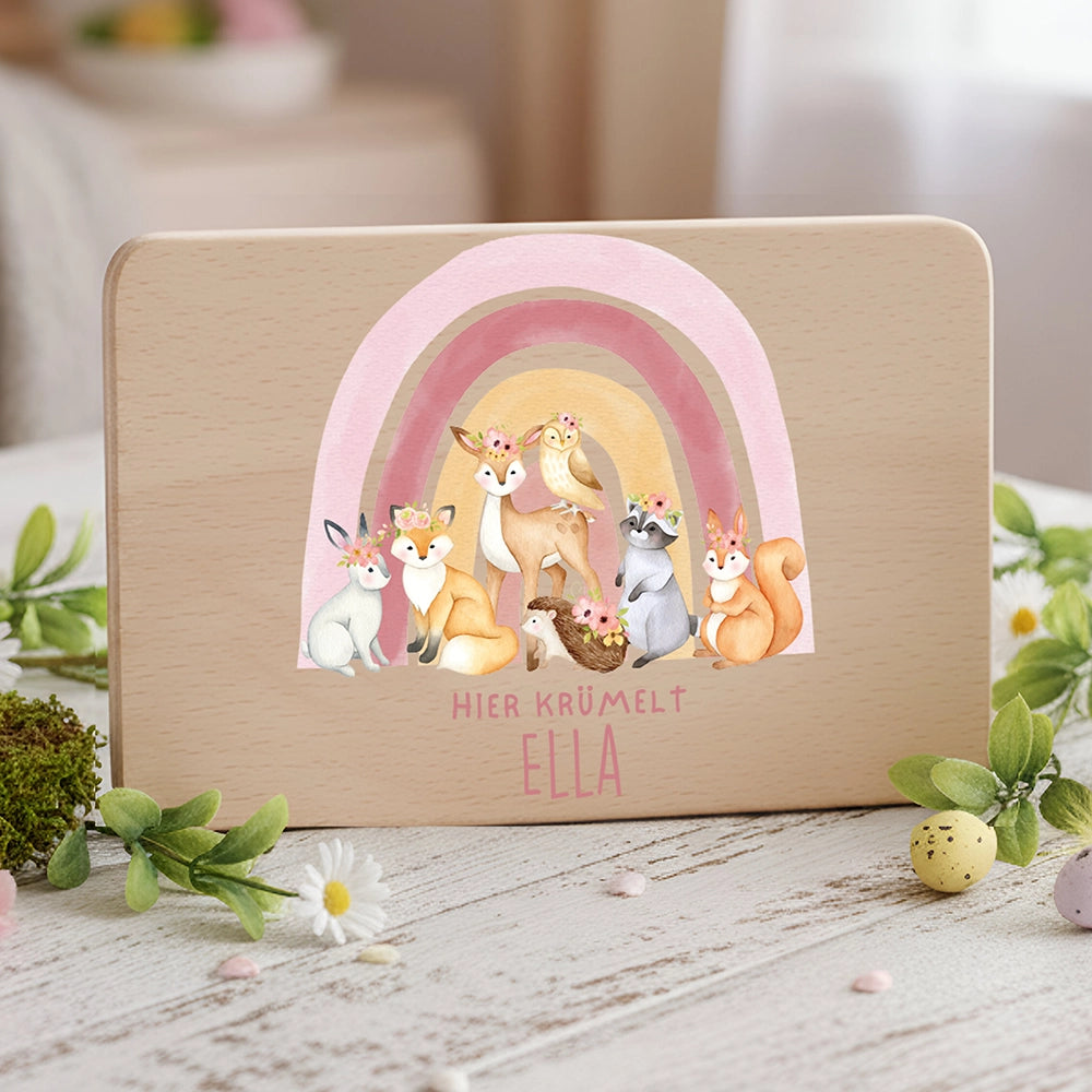 Frühstücksbrettchen Holz personalisiert - Regenbogen Waldtiere