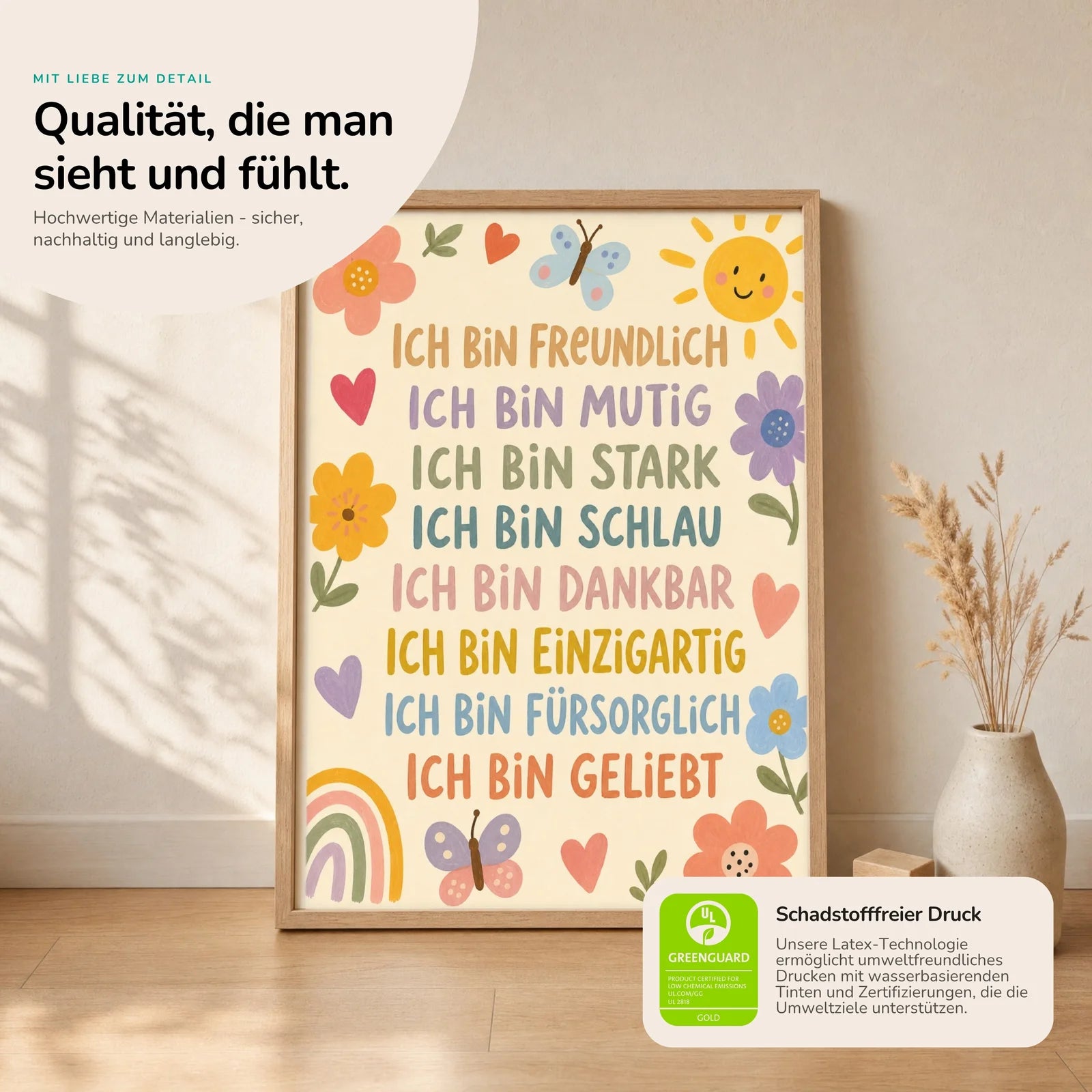 Affirmationsposter Kinderzimmer Blumenwiese Ich bin freundlich, Nahaufnahme der Affirmationen