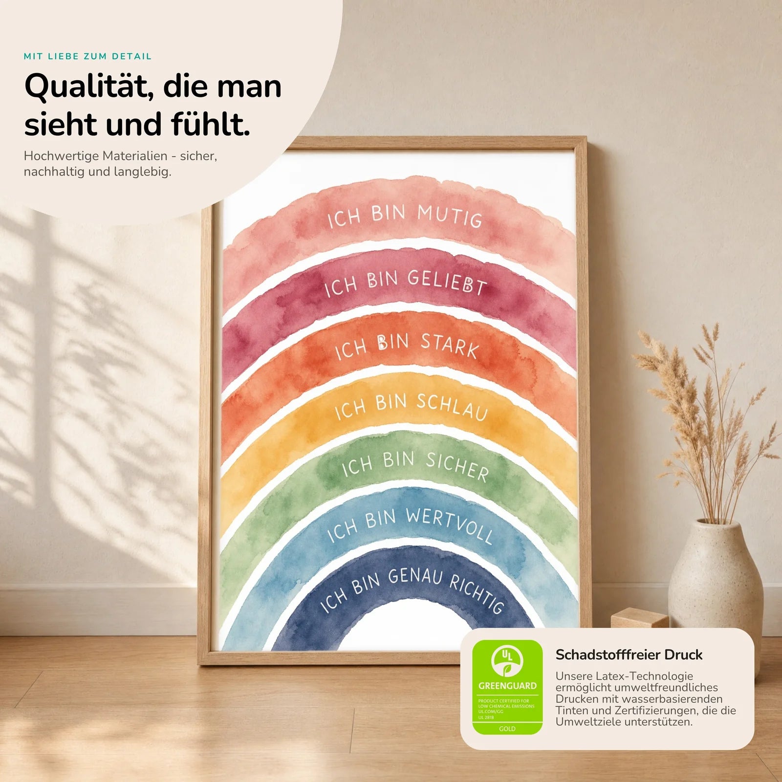Affirmationsposter Kinderzimmer Regenbogen Ich bin bunt, Nahaufnahme der Affirmationen