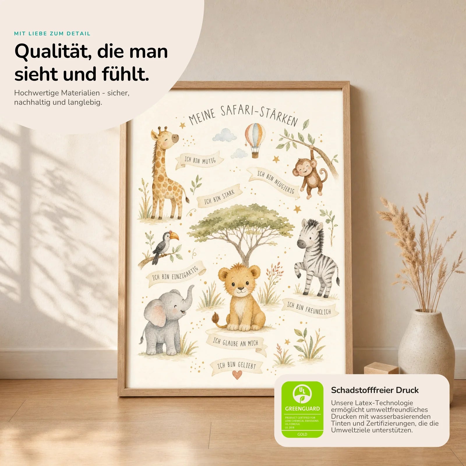 Affirmationsposter Kinderzimmer Safari-StÀrken, Nahaufnahme der Affirmationen